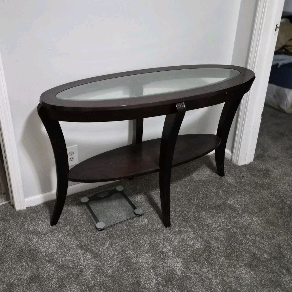 Dark Wood Oval Glass Top Console Table with Shelf, Glossy Finish, Modern Style