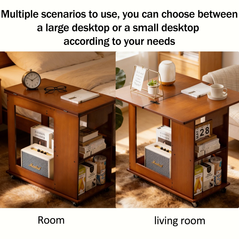 Folding Edge Table With Movable Storage, Bamboo Foldable Tabletop for Beds Sofas