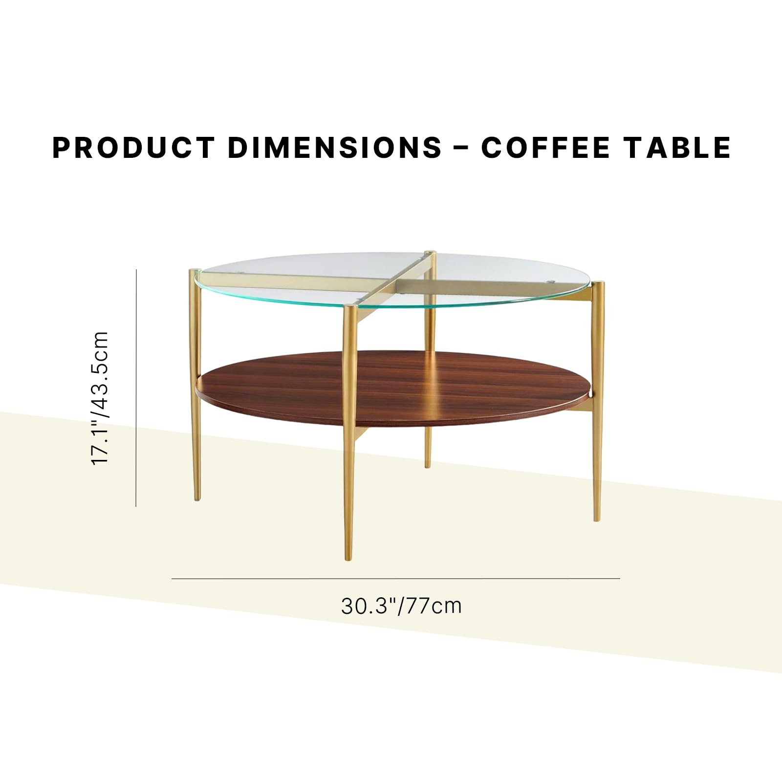 Coffee Table D30 x H17 in 2-Tier Clear Glass Top Walnut MDF Gold Finish