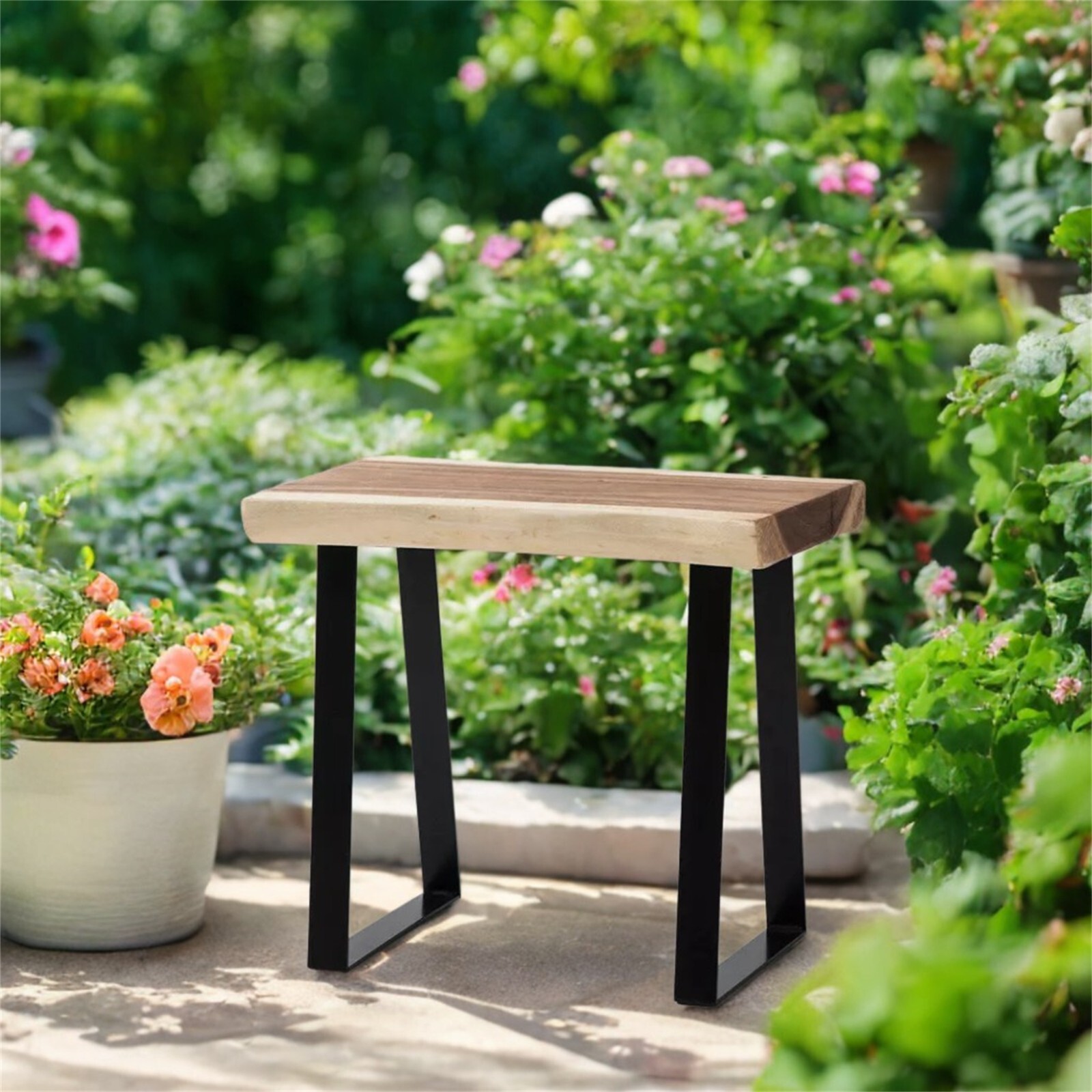Natural Solid Wood Rectangle Bench Coffee Side Table with Metal Legs Rustic