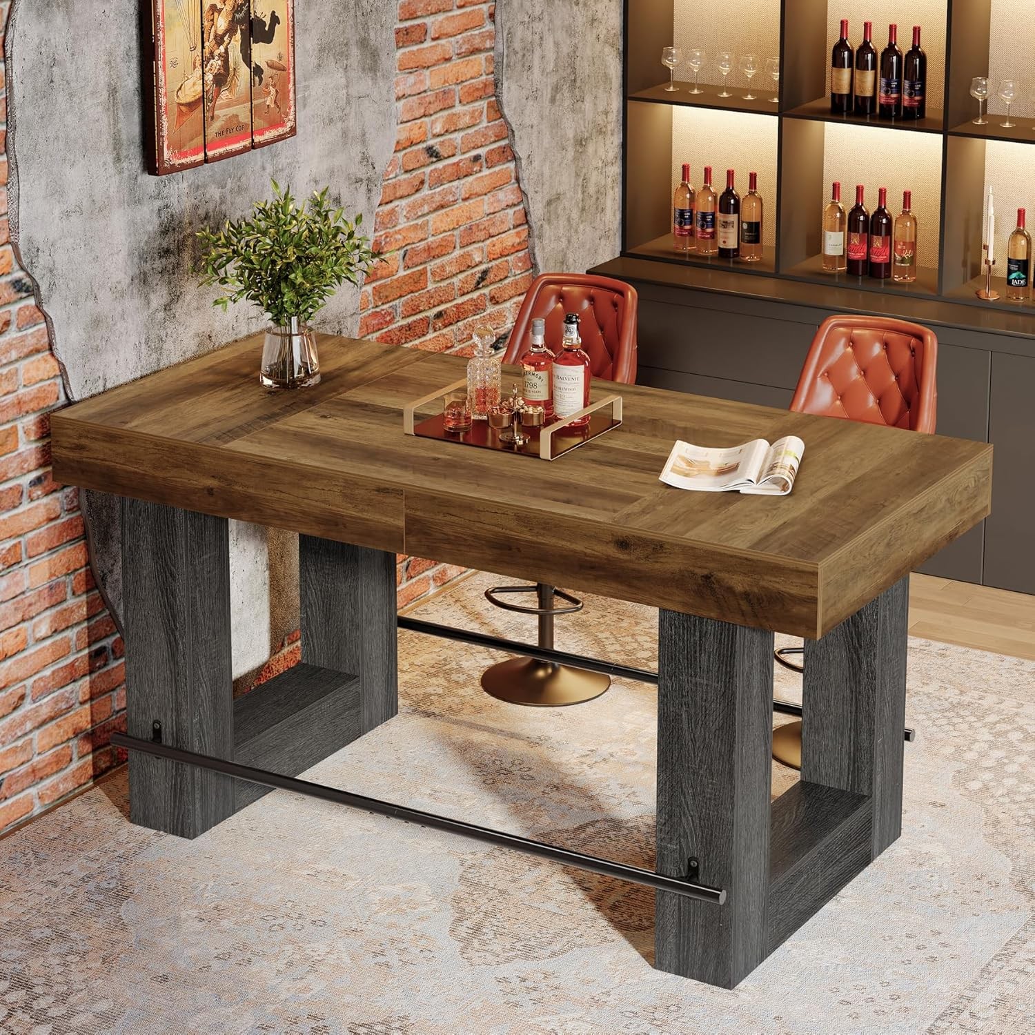 63-Inch Counter Height Bar Table, Industrial Rectangular Kitchen Island for Home