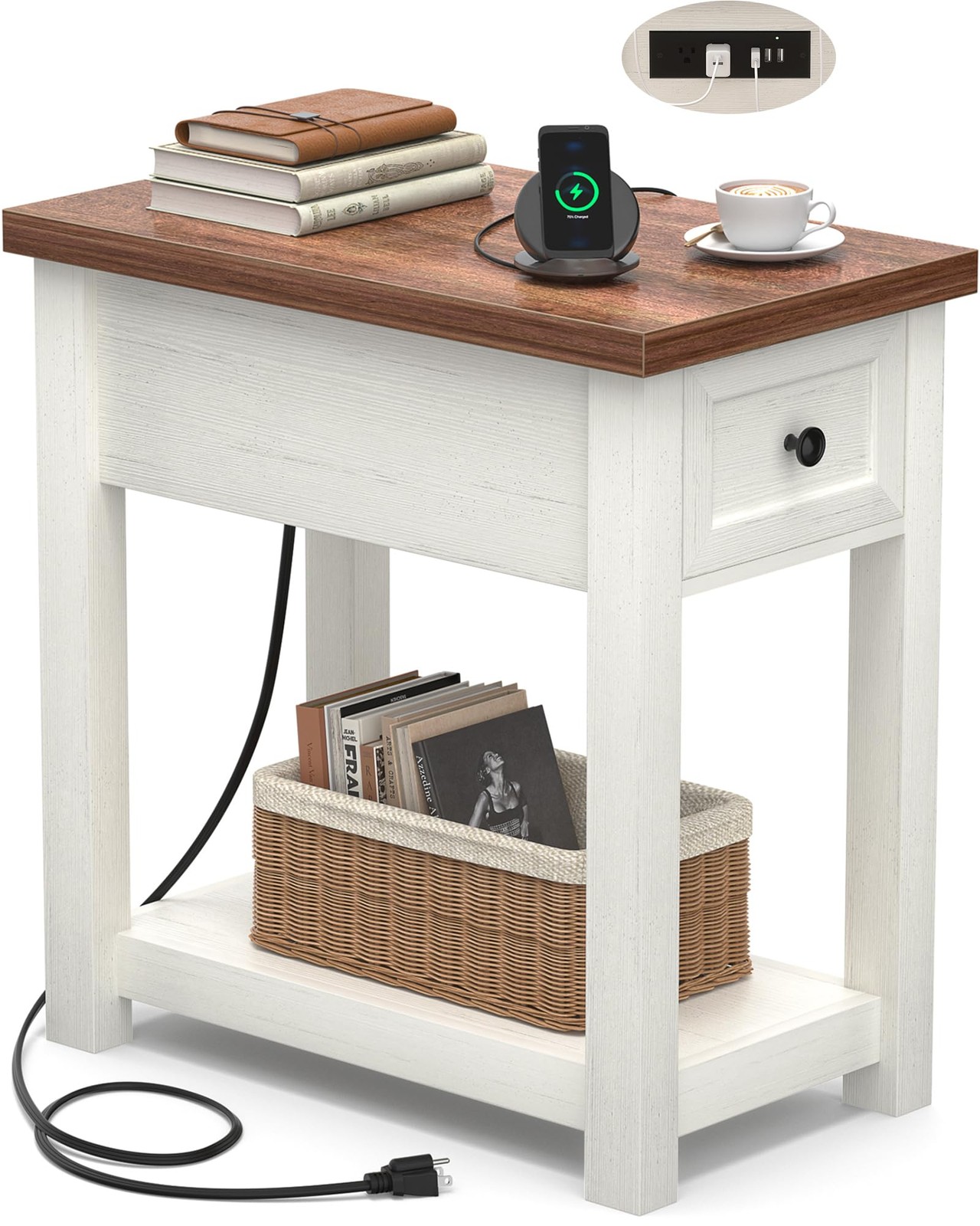 ** NEW Farmhouse End Table | Narrow Side Table w/ Charging Station | White Wood