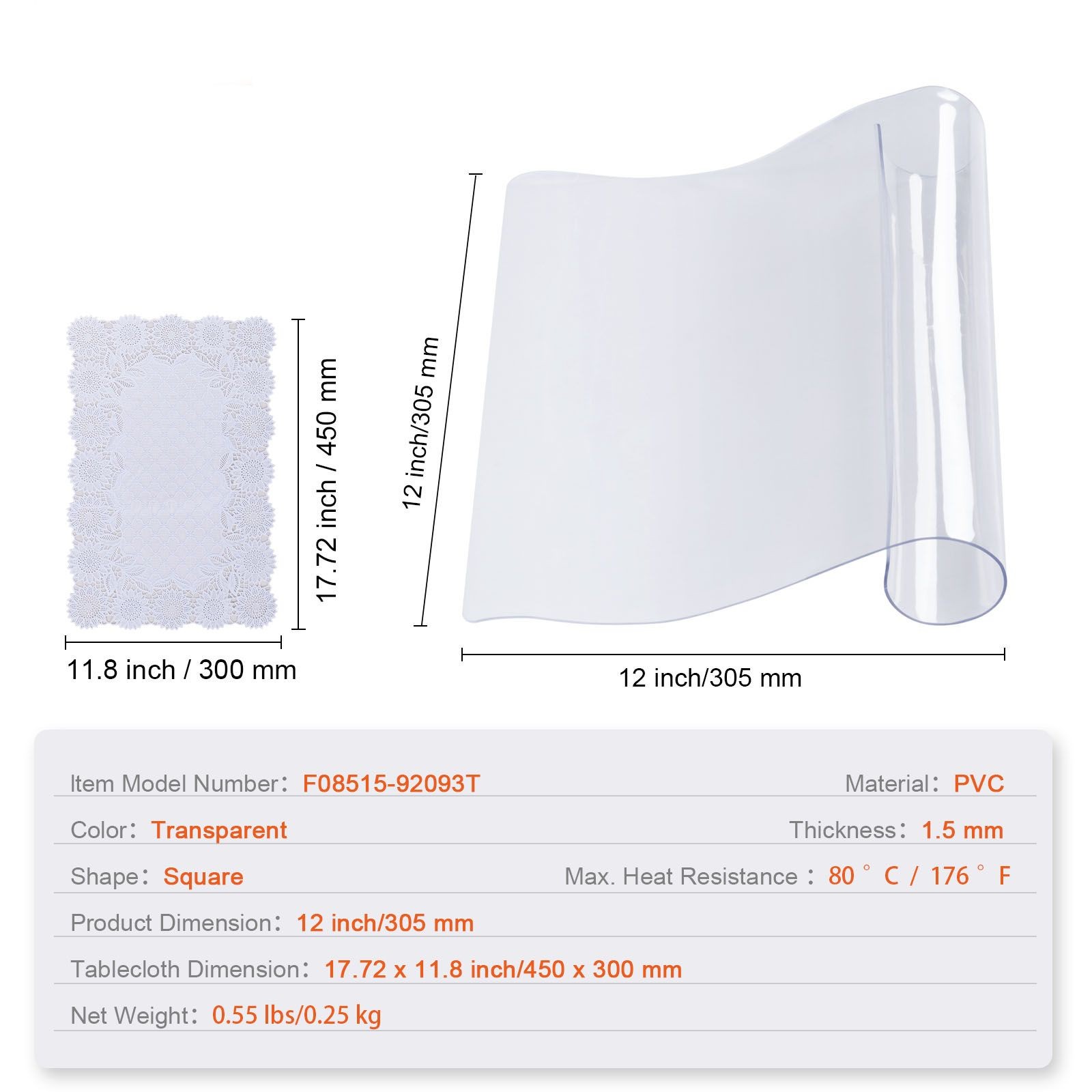Clear Table Cover Protector, 12″ x 12″/ 305 x 305 mm Table Cover, 1.5 mm Thick