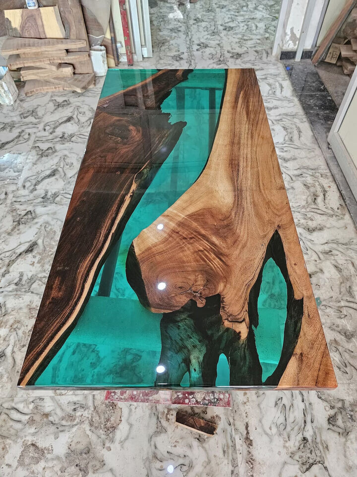 Clear Green Epoxy Dining Table Top, Epoxy Wooden Table Top, Home Furniture Decor