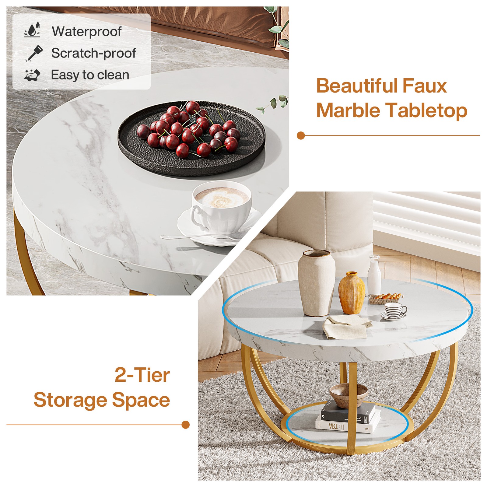 Modern Round Coffee Table, 2 Tier Circle Center Tea Table with Faux White Marble