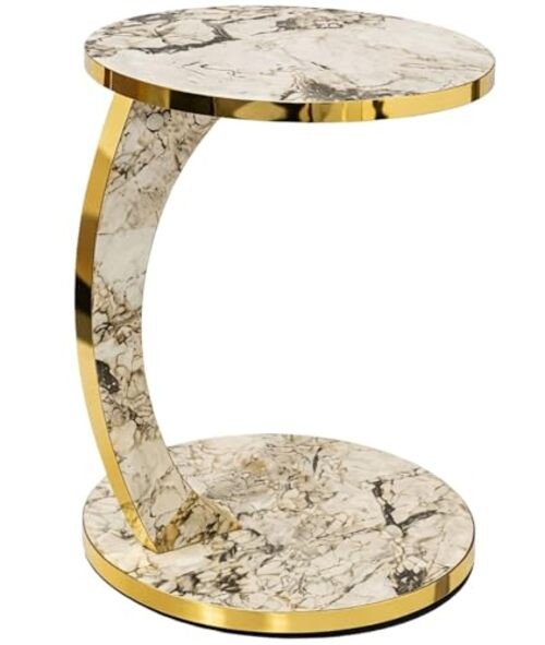 Luxury C Shaped Golden Effect Side Table with Wheels, Premium Faux White Marble