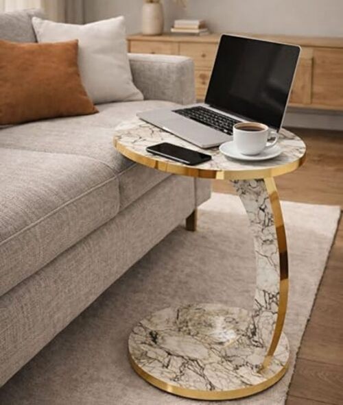 Luxury C Shaped Golden Effect Side Table with Wheels, Premium Faux White Marble