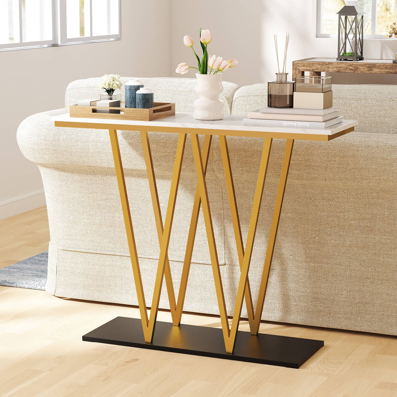 Gold Entryway Table, 40” Modern Console Table w/Faux Marble Table & Metal Frame