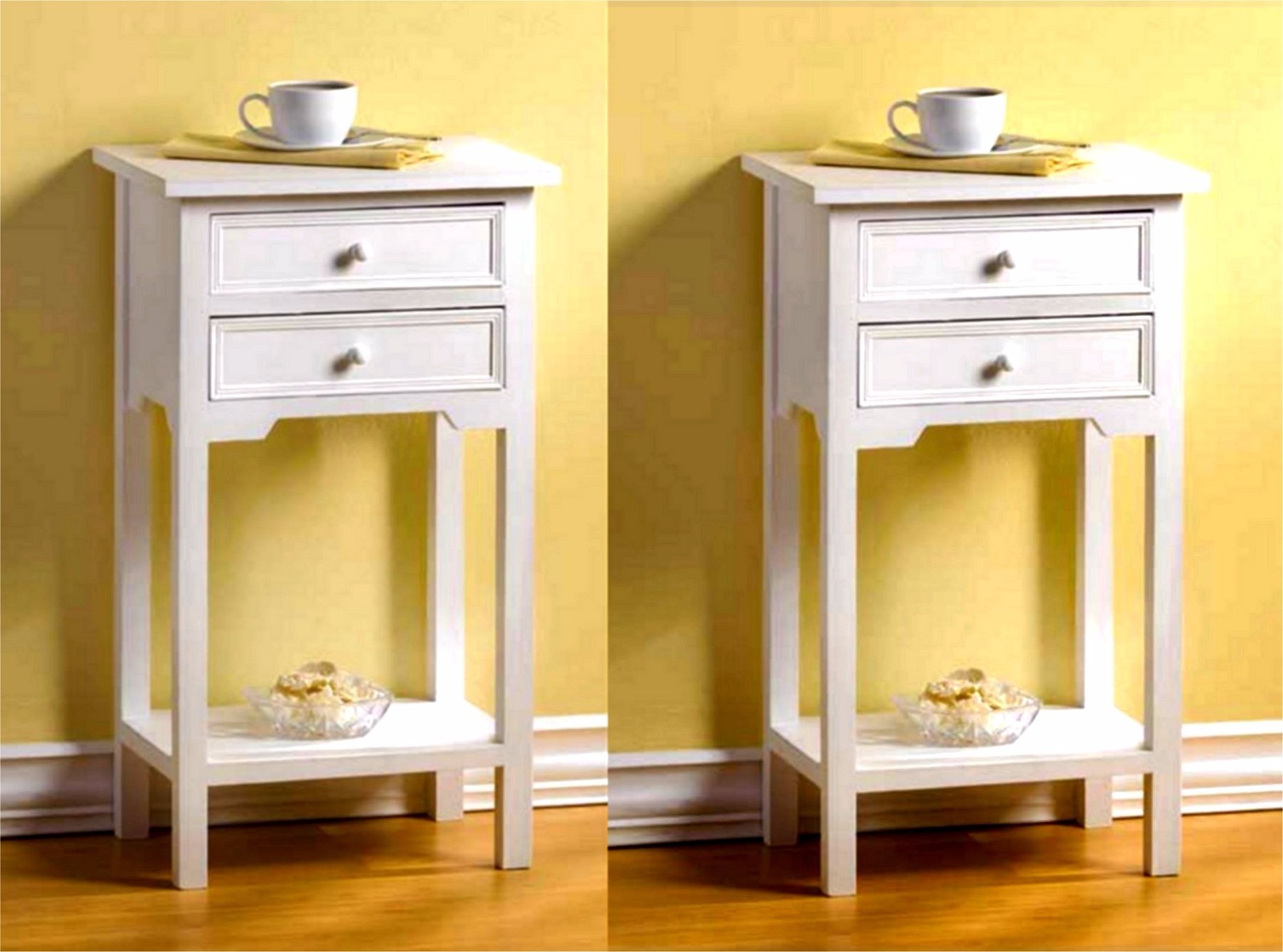 Set of 2 * WHITE CEDAR WOOD SIDE-END-NIGHT TABLES * 2 Drawers-Shelf * NIB