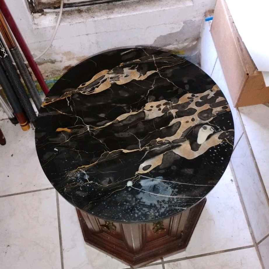 Round Black Marble Top Wood Pedestal End Table w/ Cabinet Storage, Brown