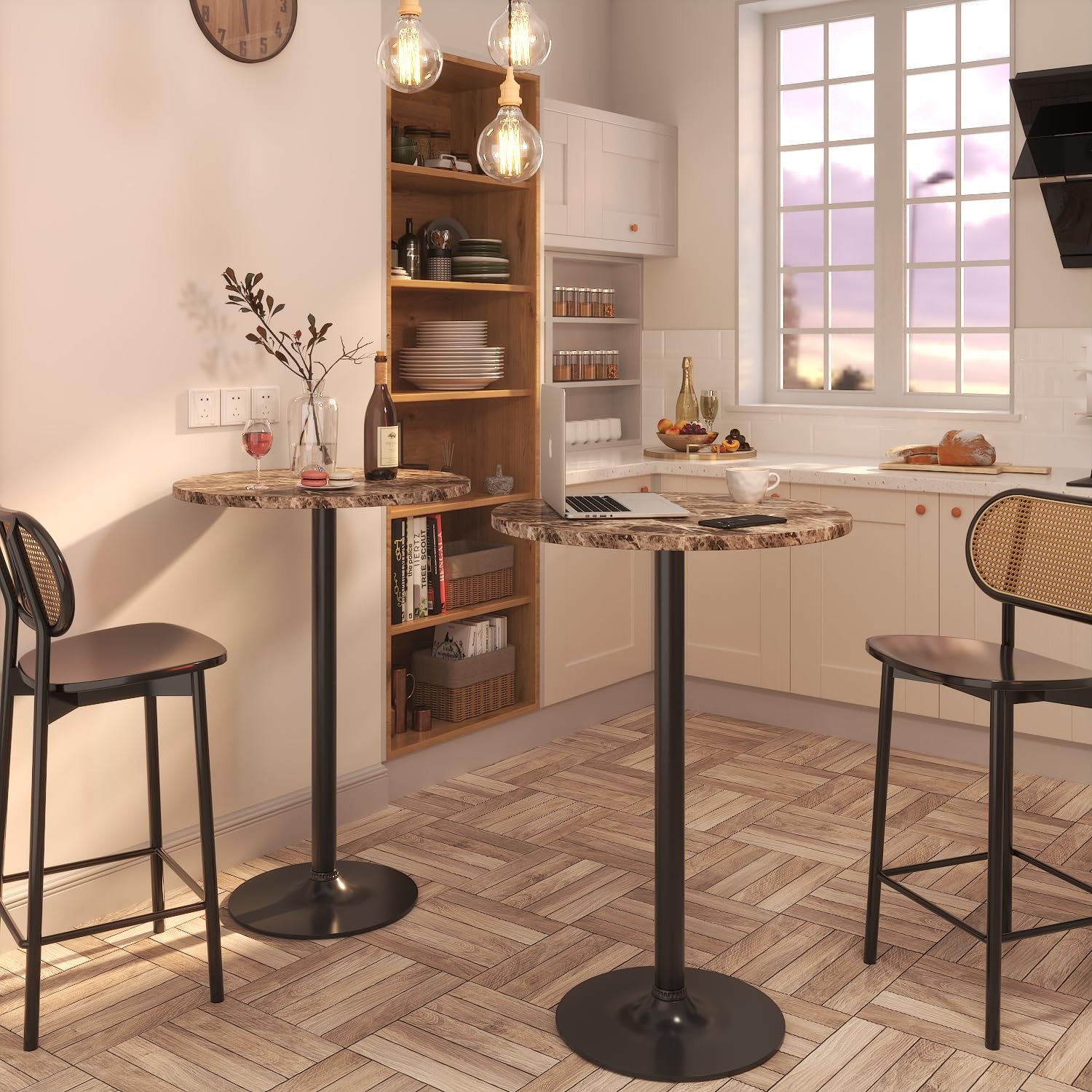 Bistro Pub Table Round Bar Height Faux Marble 40.6 Inch Metal Base MDF Top