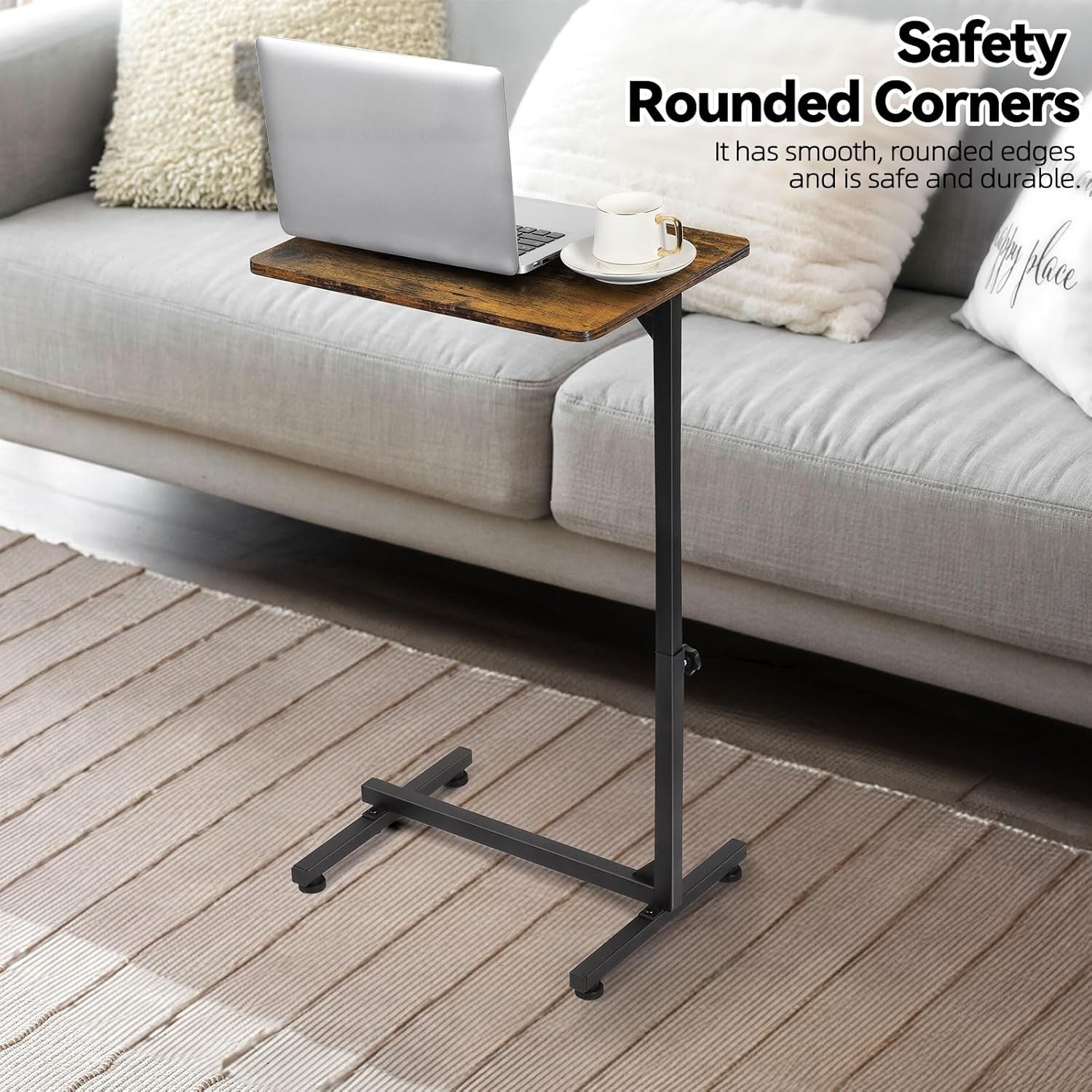 C Shaped Side Table Adjustable Height, Small End Table for Couch Bedroom, Brown