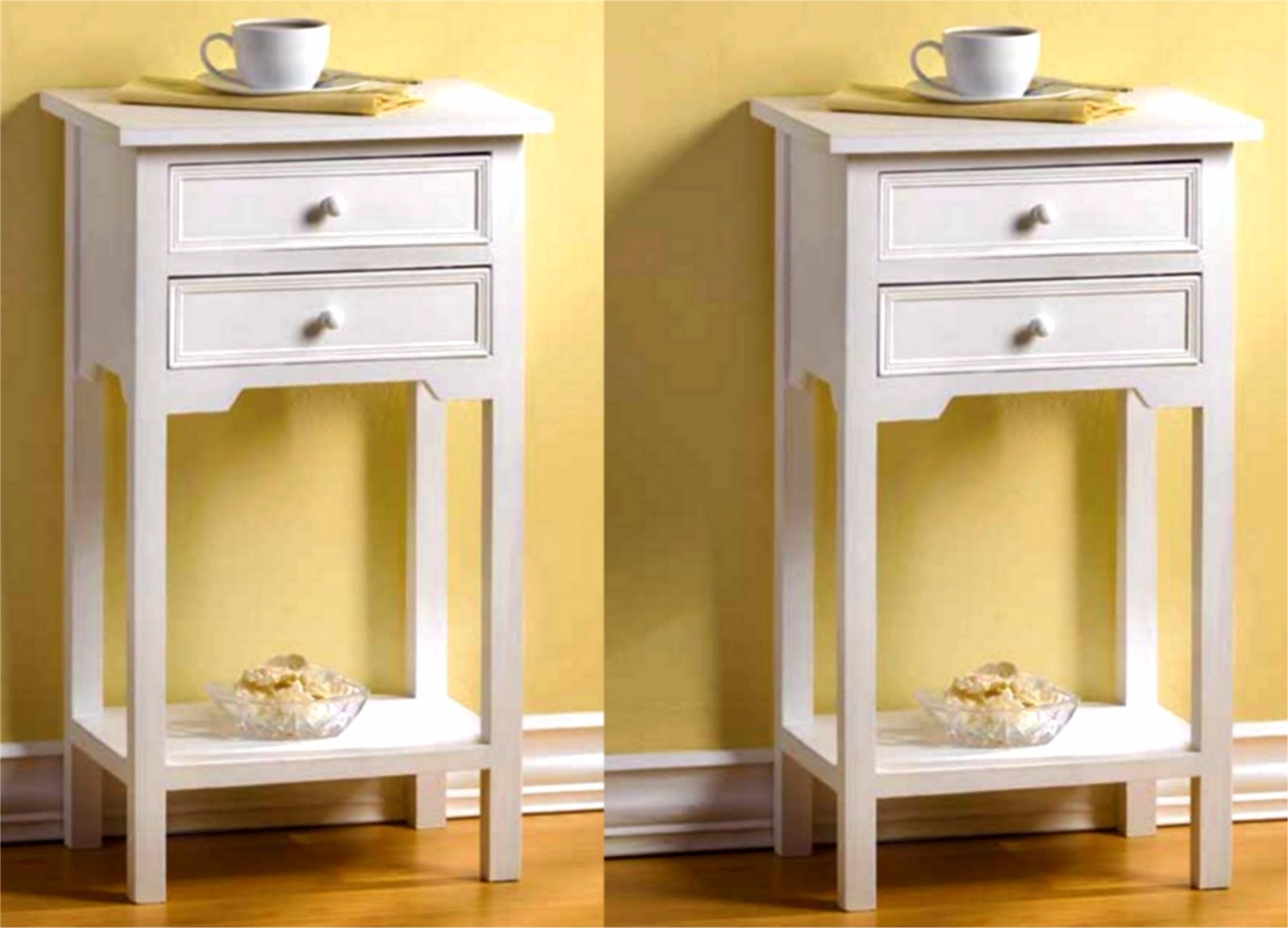 Set of 2 * WHITE CEDAR WOOD SIDE-END-NIGHT TABLES * 2 Drawers-Shelf * NIB