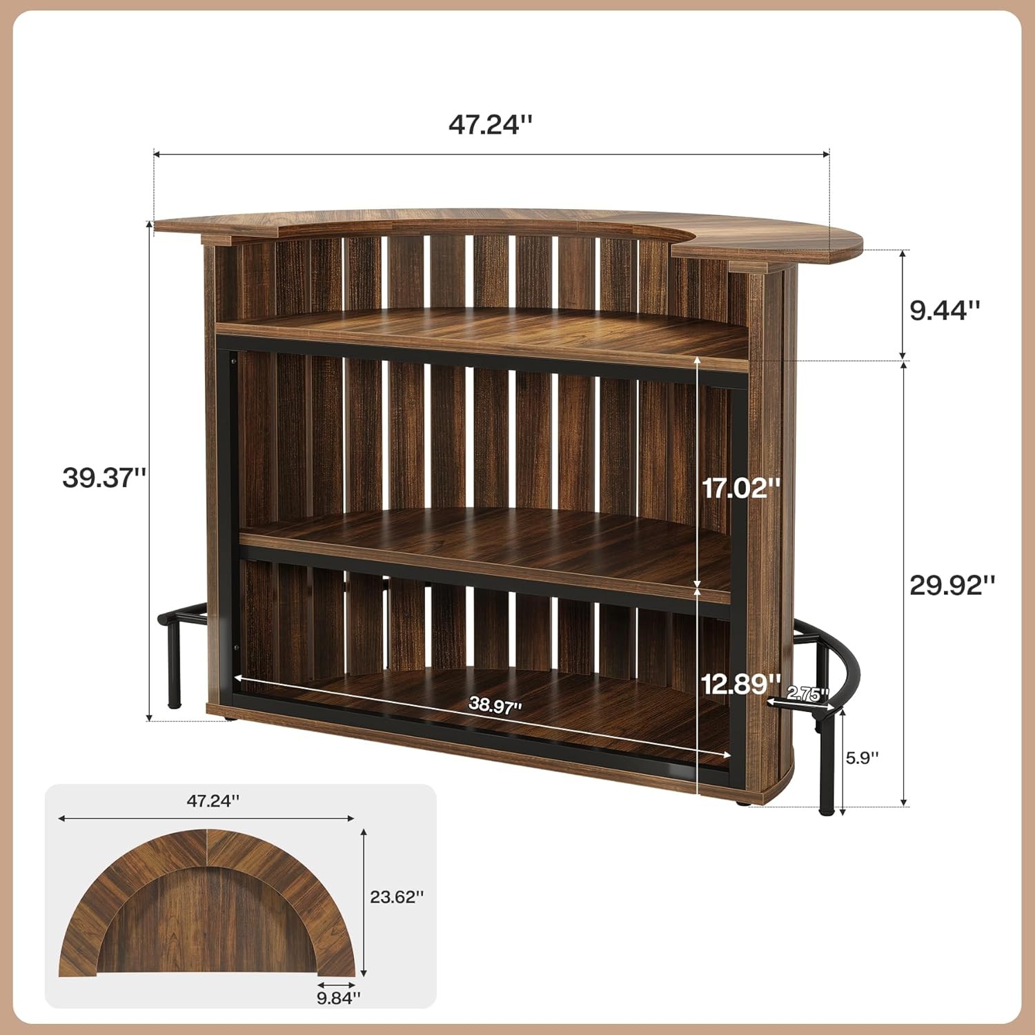 47.24″ Farmhouse Arc-Shaped Bar Table 4-Tier Mini Home Bar Cabinet with Footrest