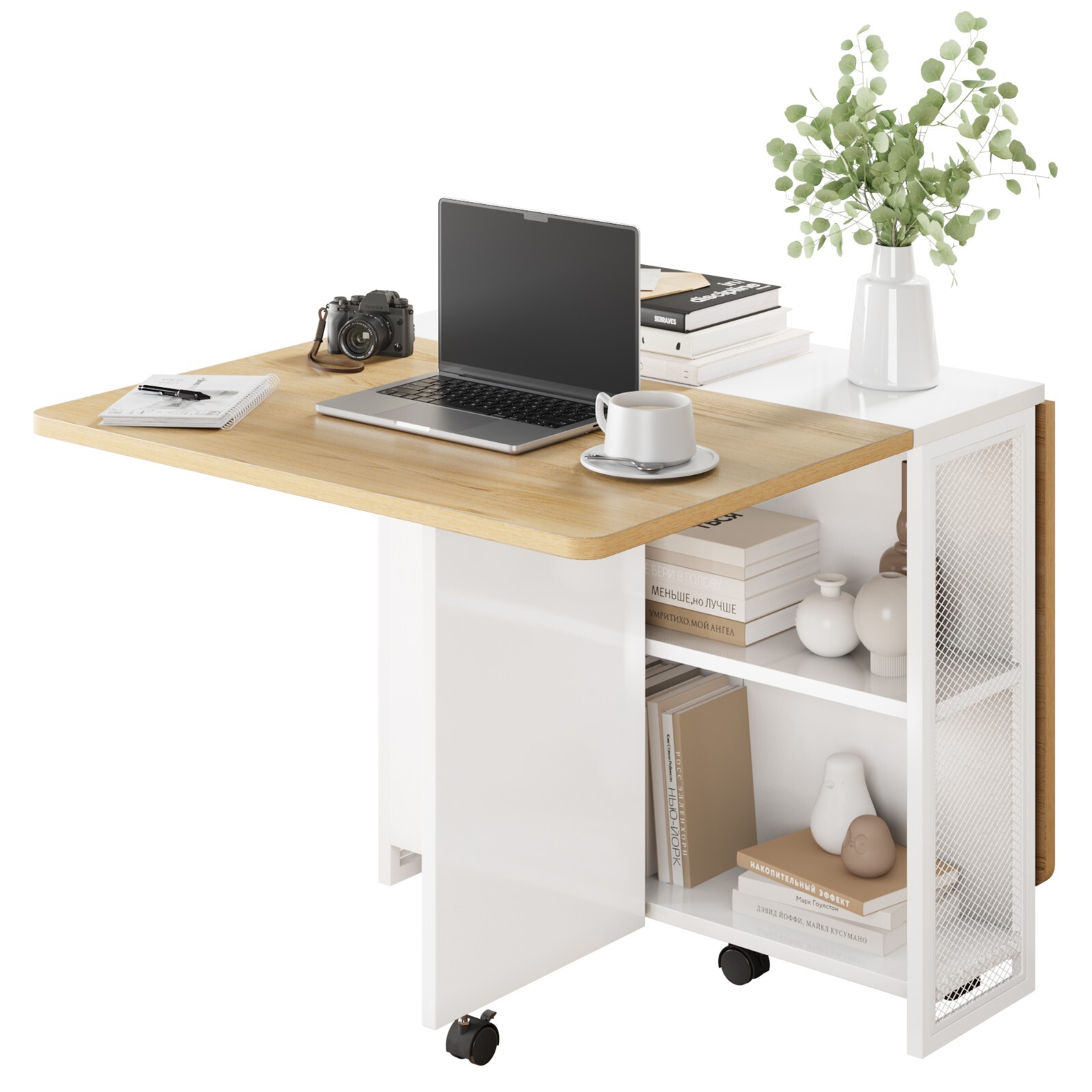 Folding Dining Table with 6 Wheels Storage Racks for Small Kitchen Saving Space