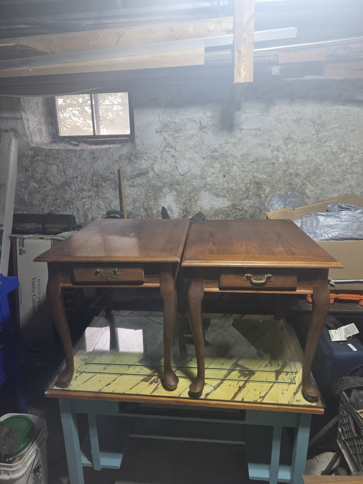 Pair Wood End & Side Tables, 1 Drawer Each, Brown Medium Wood Square Top
