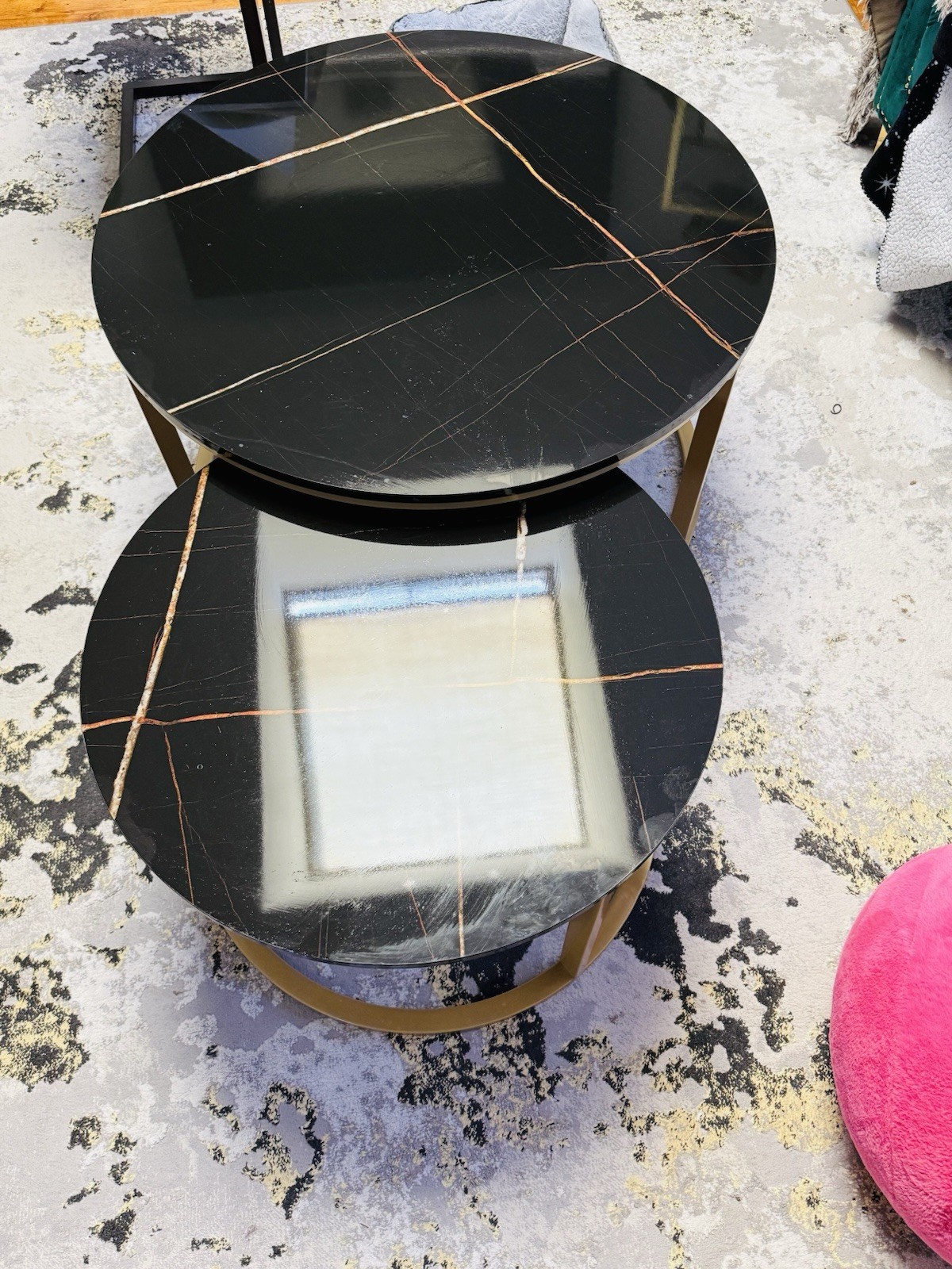 Round Black Marble Nesting Coffee Tables Gold Metal Base Polished Abstract Print
