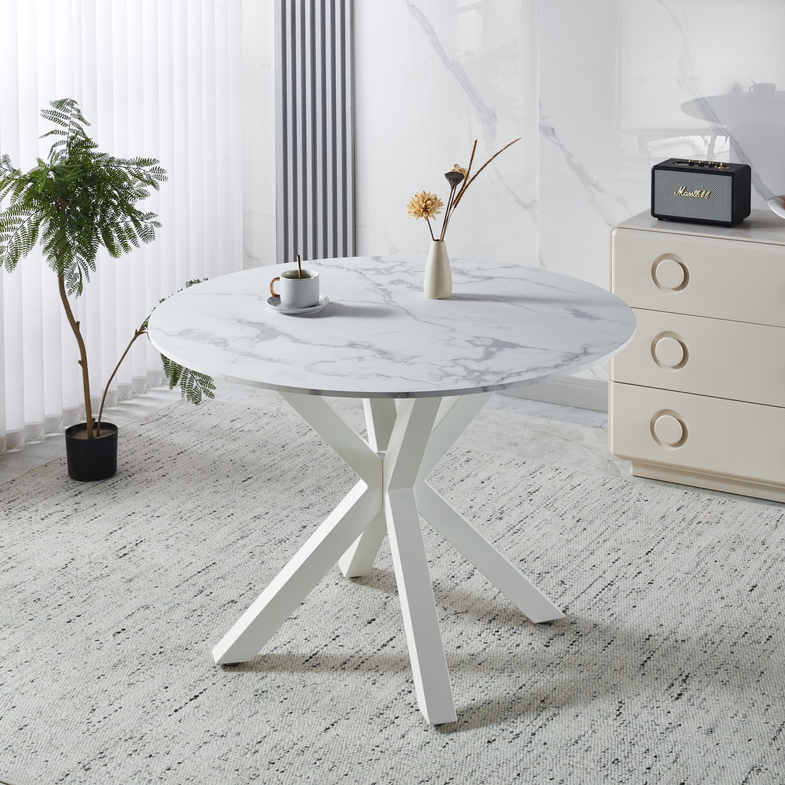 42.1 in Mid-century Dining Table for 4-6 People w/ Round MDF Top&Metal Cross Leg