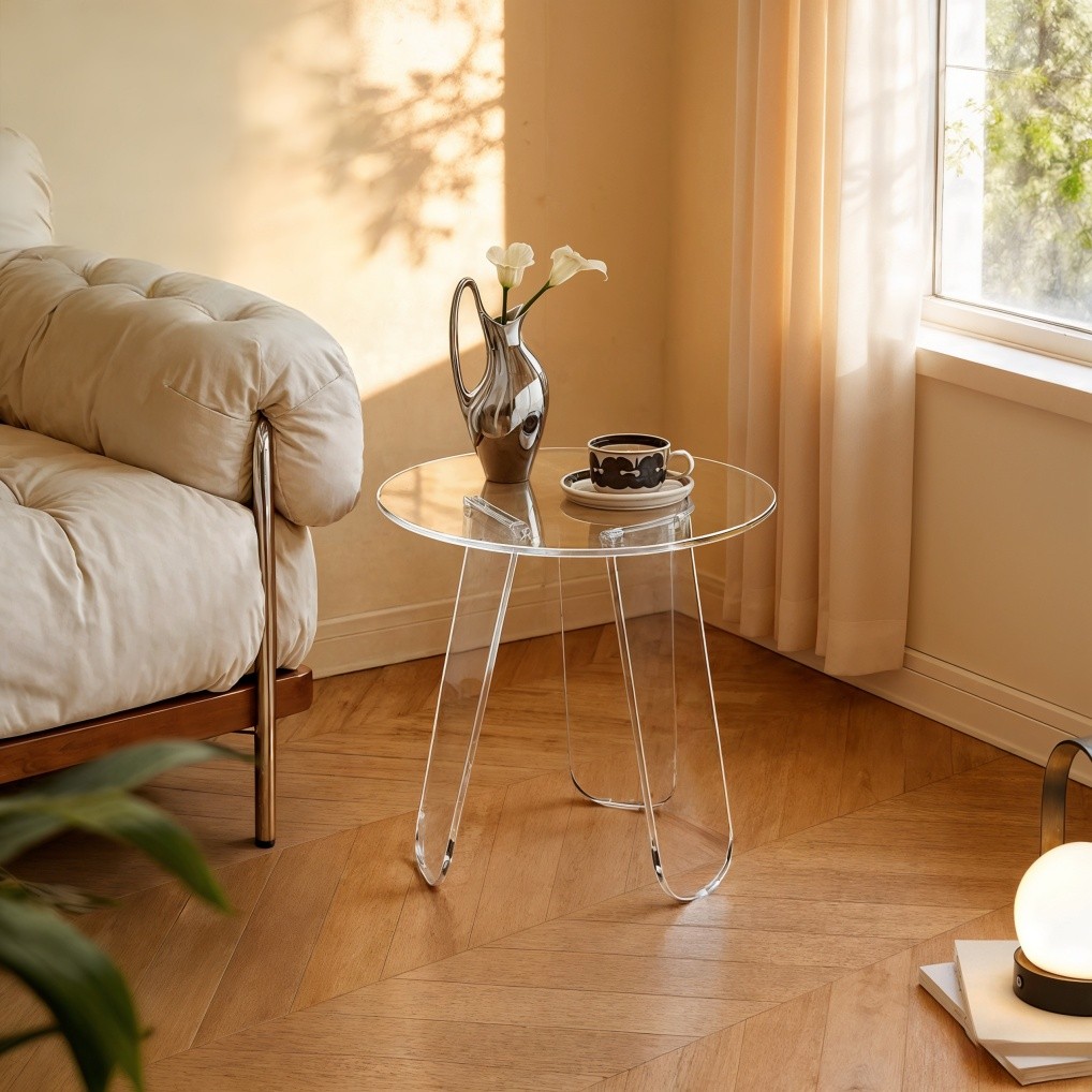 Acrylic Coffee Side Table Modern Round Bedside Sofa Tea End Tables w/ PVC Cover