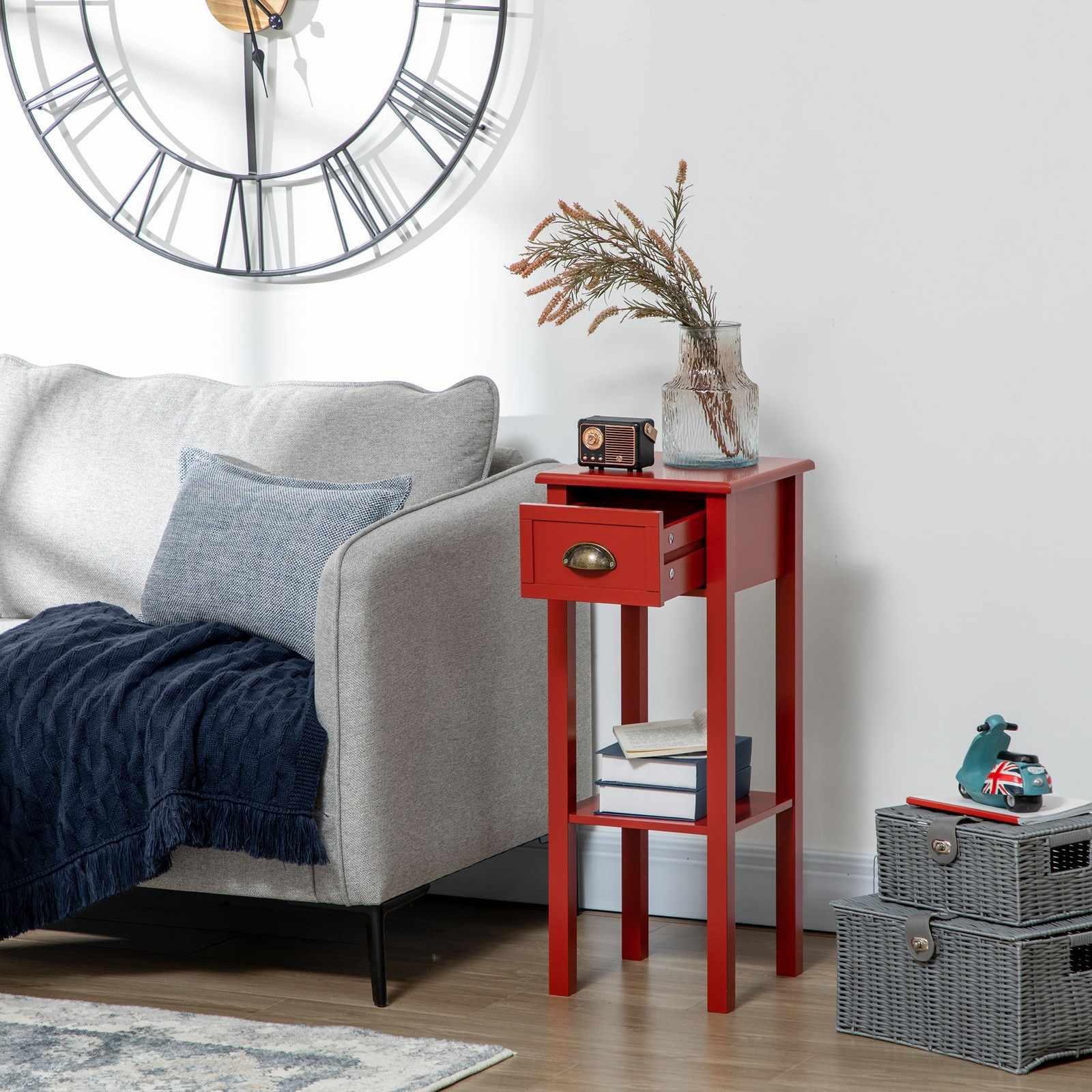 2-Tier Side Table with Drawer Shelf, End Table, Red Refurbished