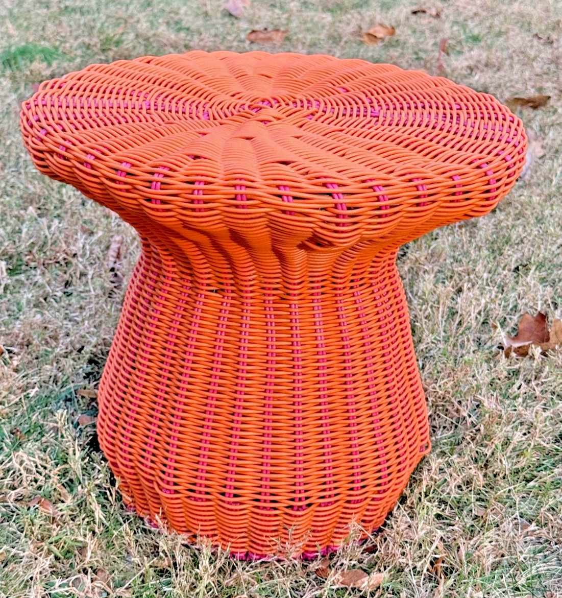 NEW Wicker Mushroom Side Table Orange Pink 15″ x 13″ Outdoor All Weather Terrain