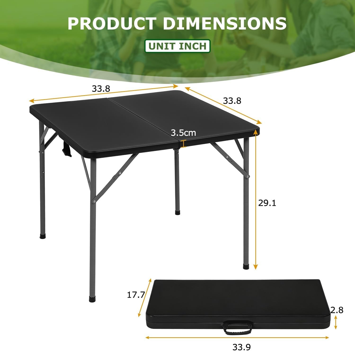 34″ Folding Card Table Plastic Table Portable Square Height Dining Table, Black