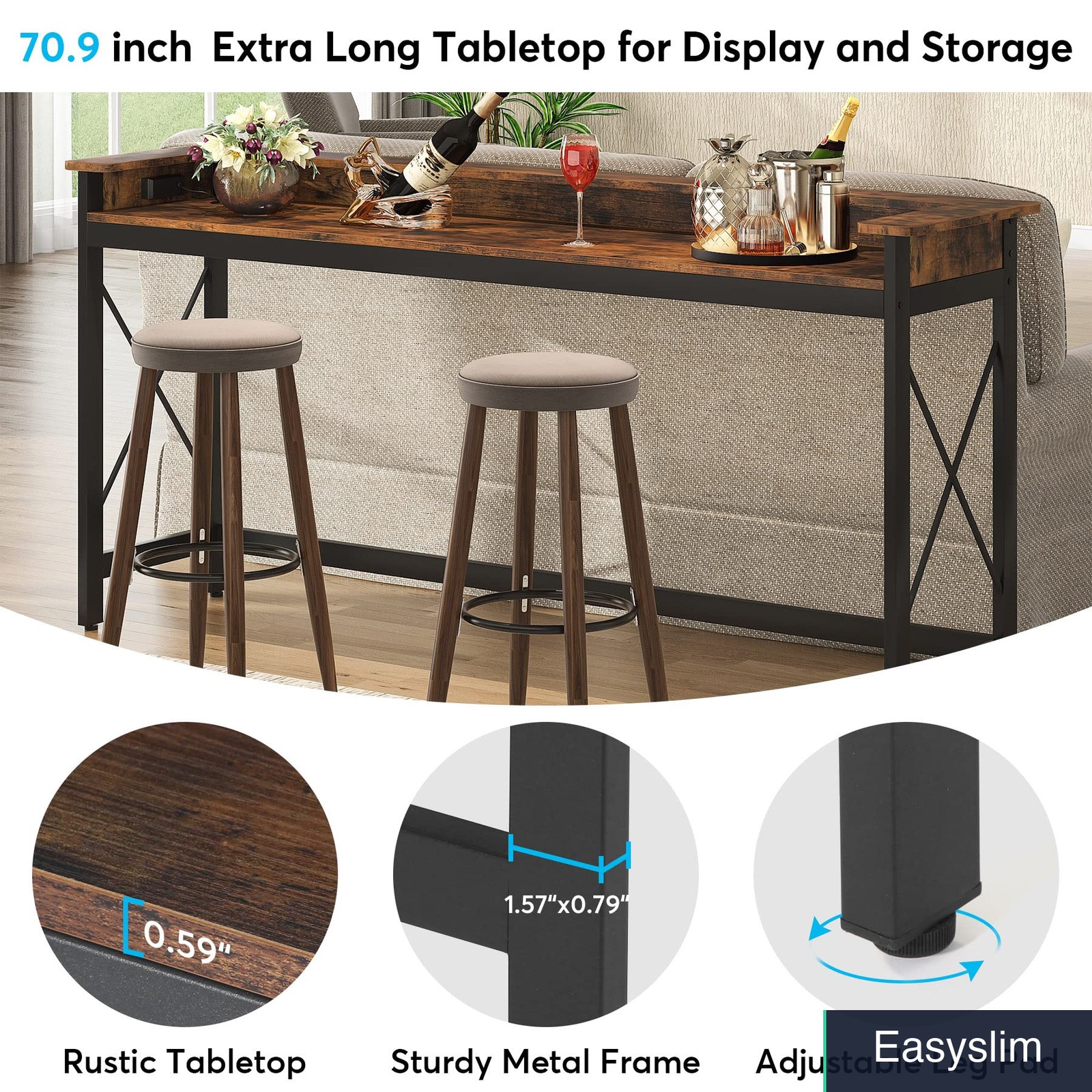 Console Table 70.9 inch Built-in Outlet USB Charging Brown Sofa Entryway