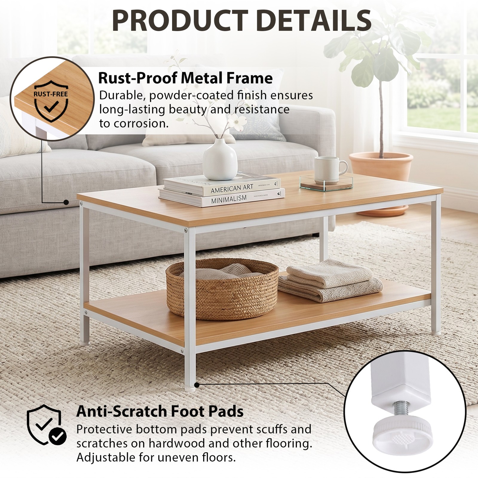 31″ Natural Wood Coffee Table Rectangular Coffee Table w/Storage Shelf Durable