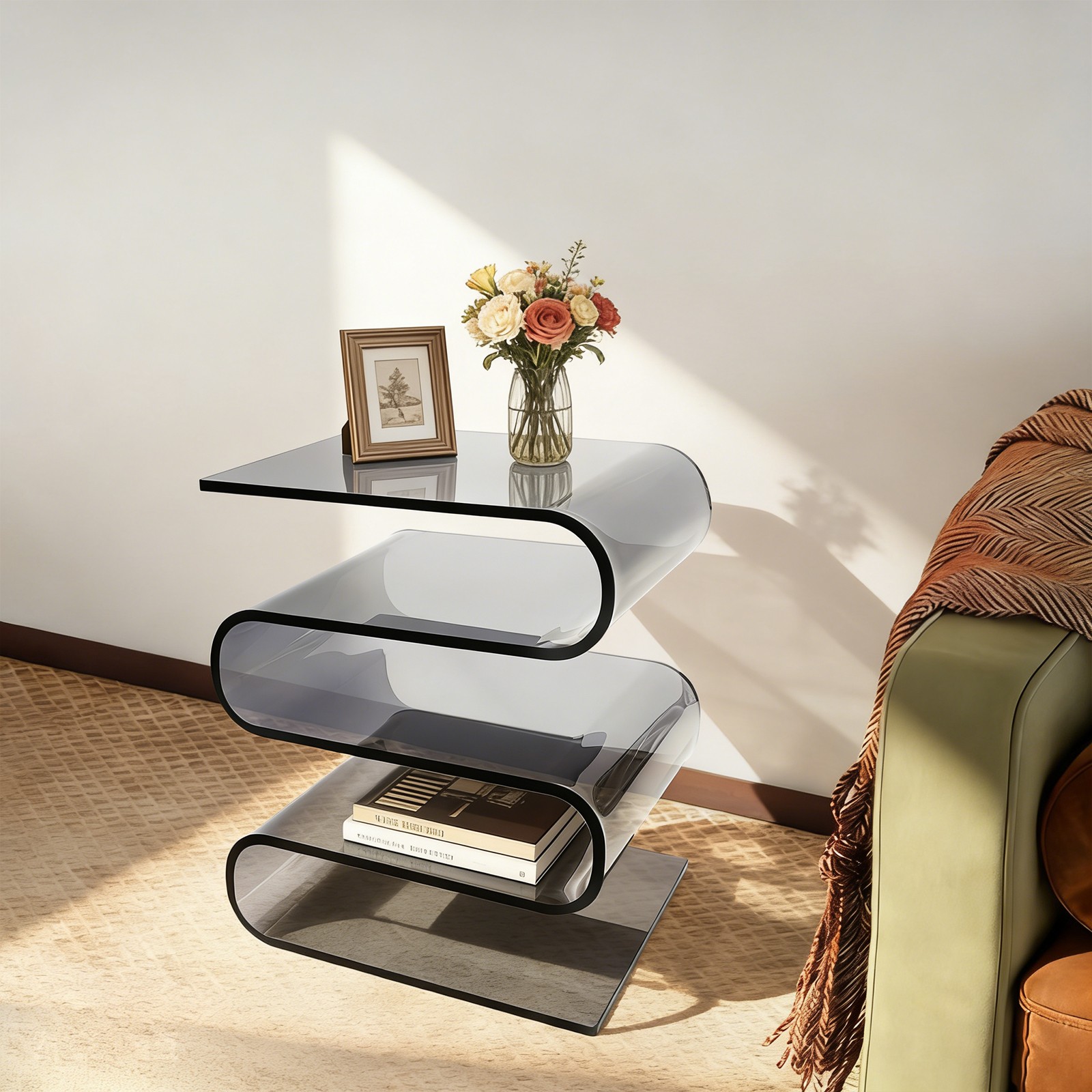 S-Shaped Side Table Creative Nightstand for Bedroom and Living Room Black