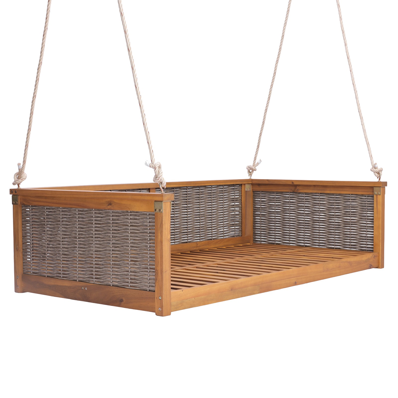 Acacia Wood Rattan Swing Bed Twin Size Outdoor Patio Porch Teak