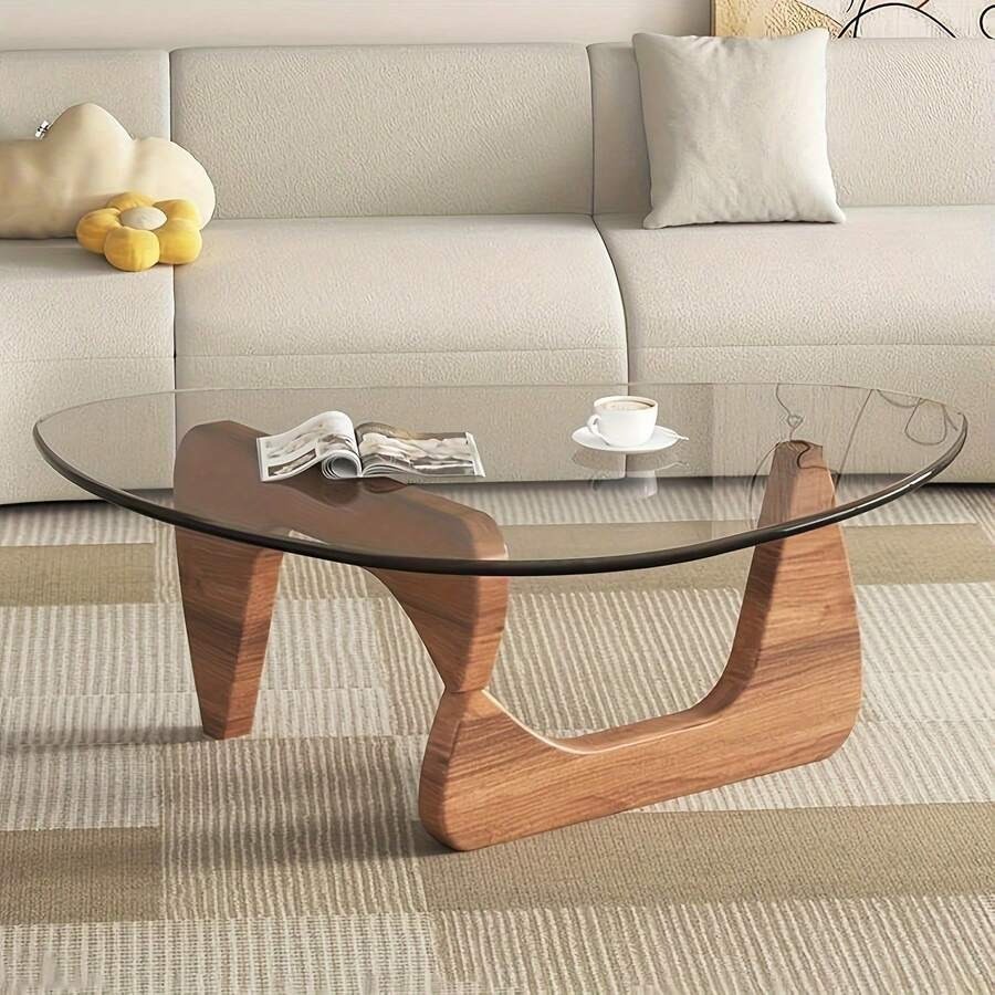Walnut Wood & Glass Coffee Table, Triangular/Oval Modern Living Room Table