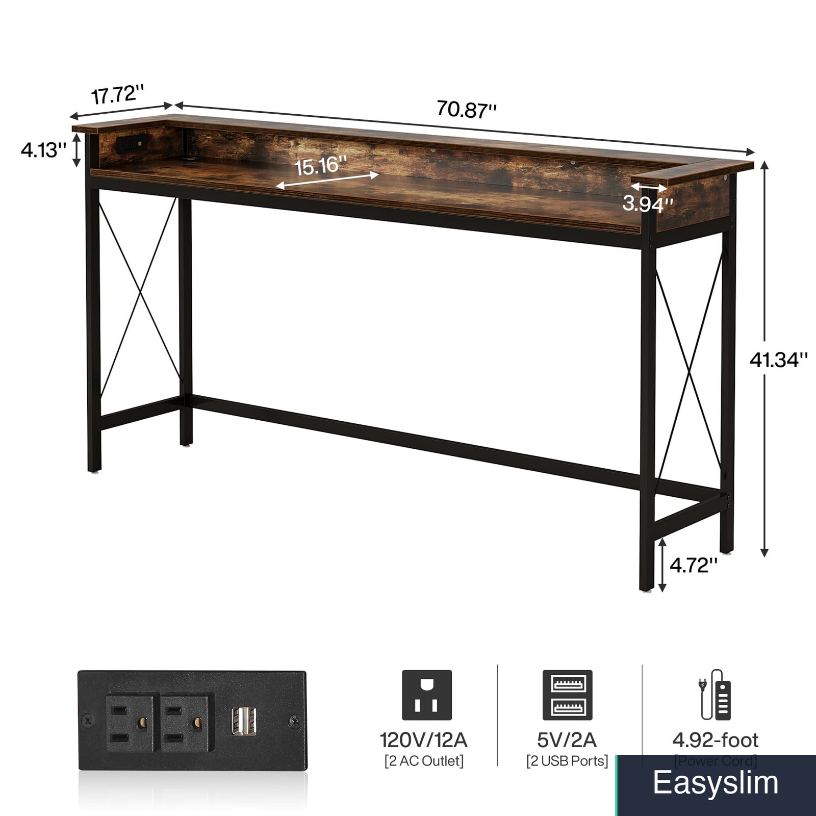 Console Table 70.9 inch Built-in Outlet USB Charging Brown Sofa Entryway