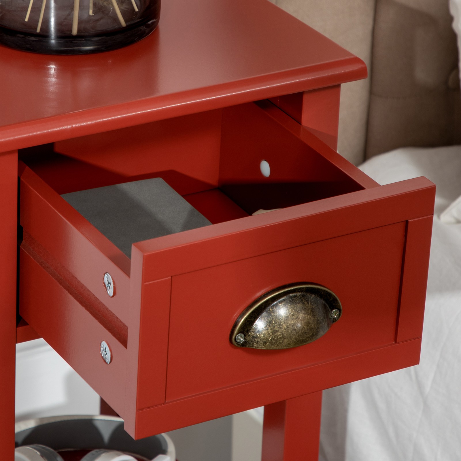 2-Tier Side Table with Drawer Shelf, End Table, Red Refurbished