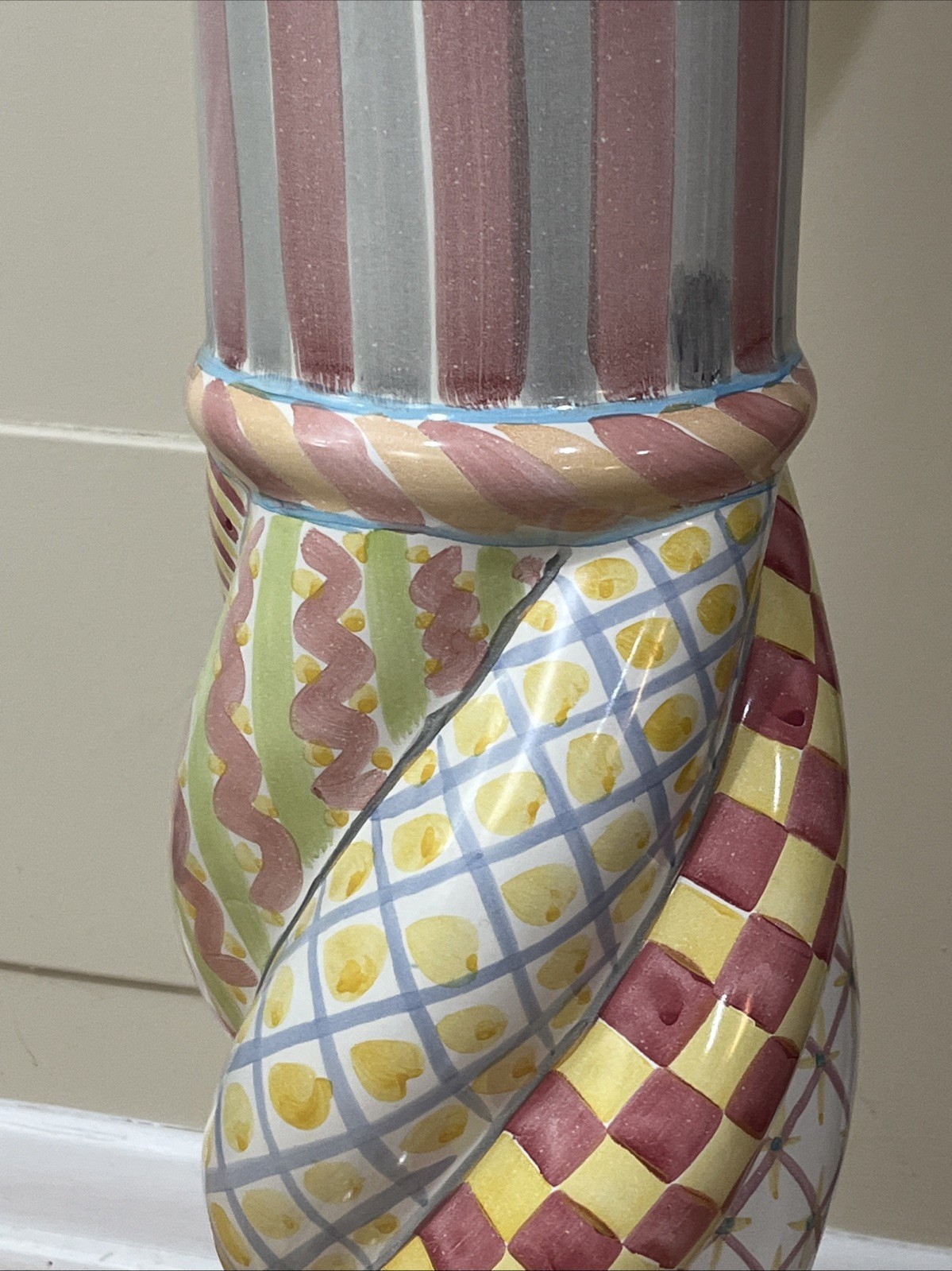 Mackenzie Childs Unique Round pedestal, Plant Stand, Side Table 33” Tall