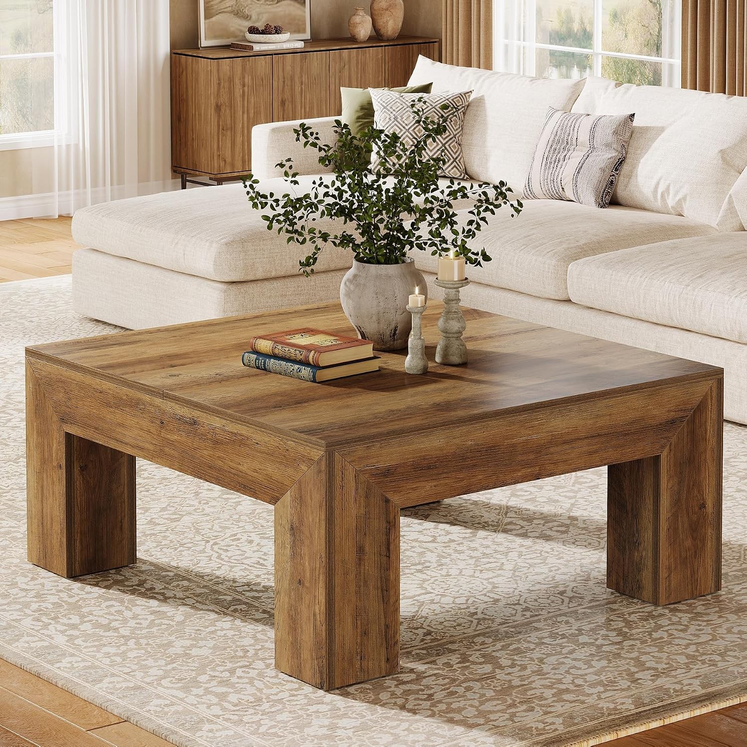 39.4-Inch Square Coffee Table Living Room Farmhouse All MDF Accent Center