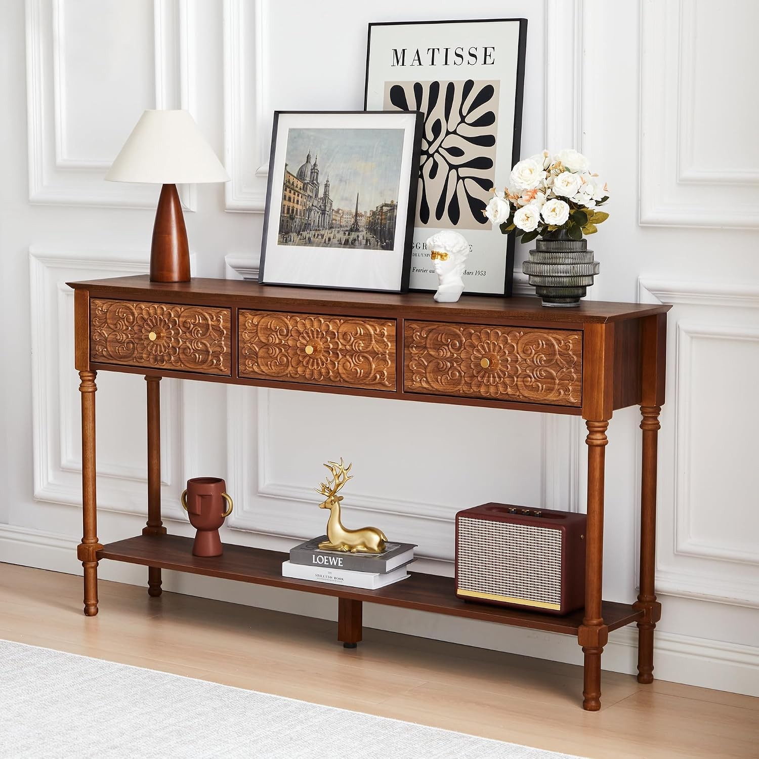 55.5″ Carved Console Table with 3 Drawers, 2-Tier Sofa Table with Glossy Floral
