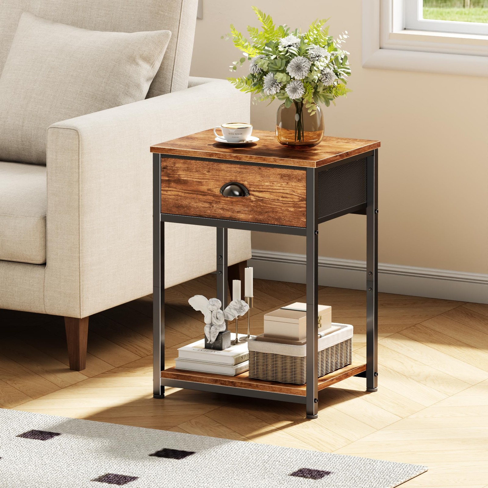 Nightstands Set of 2, Night Stand with Fabric Drawer and Storage Shelf, Retro Be