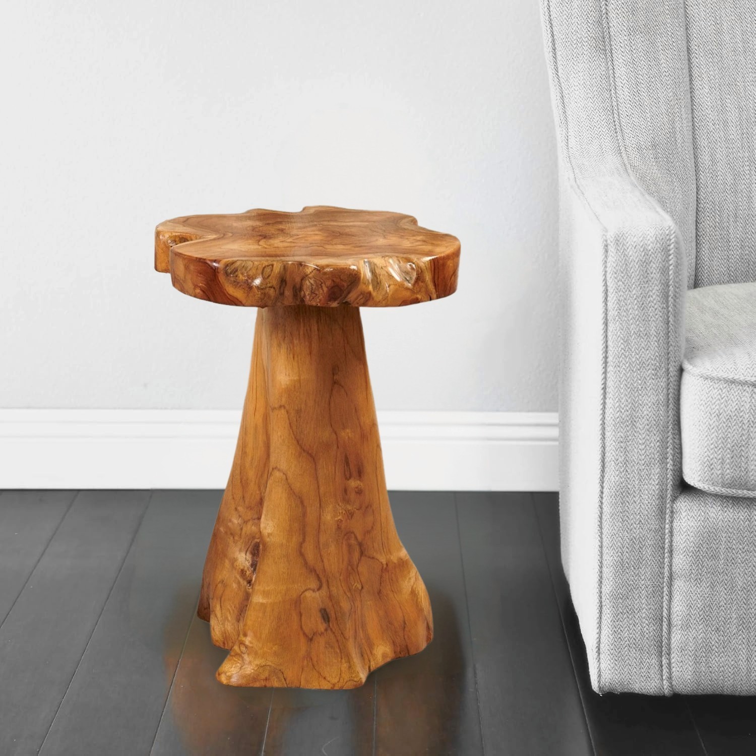 Rustic Teak Tree Stump Table – Live Edge Side Table or Stool, Natural Wood, Gift