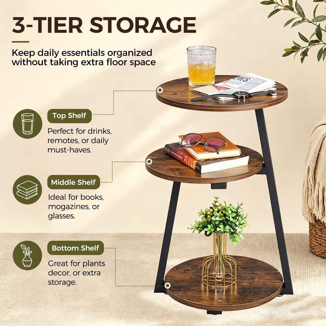 Multi-Functional Rustic Accent Table with 3-Tier Shelves – Perfect for Any Room