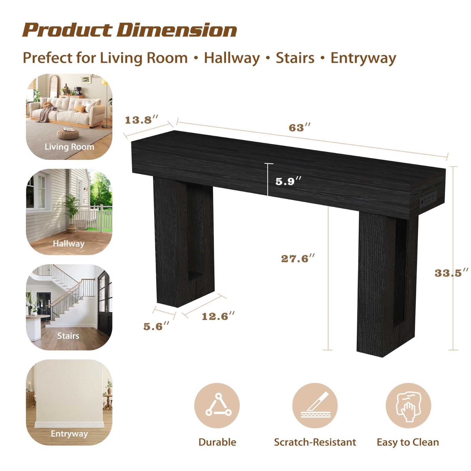 63 Inch Long Console Table with Outlets and USB Ports, Sofa Table with LED Light