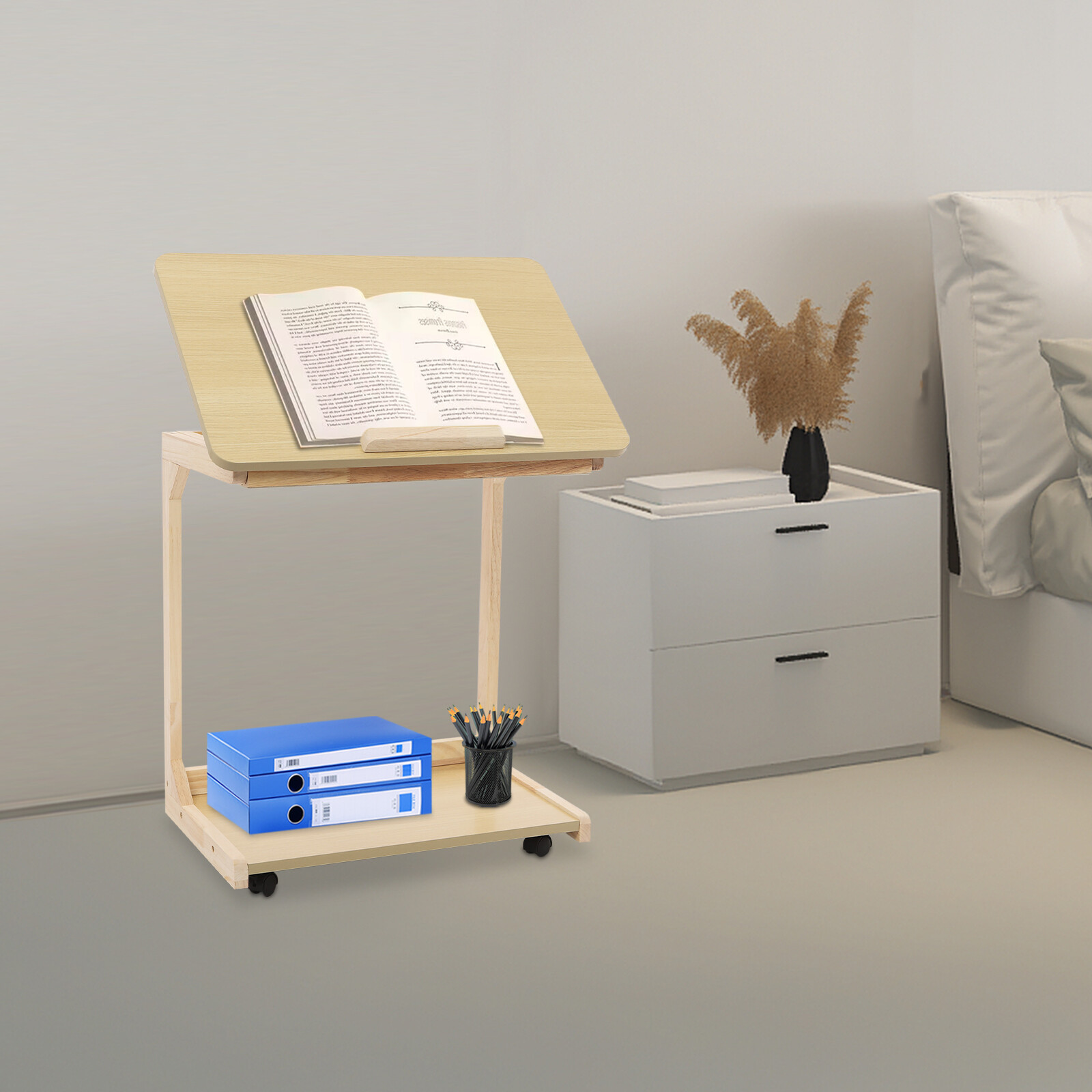 2 Tiers 23.62*15.75*24.8in MDF& Solid Wood C Shaped End Table With 4 Wheels
