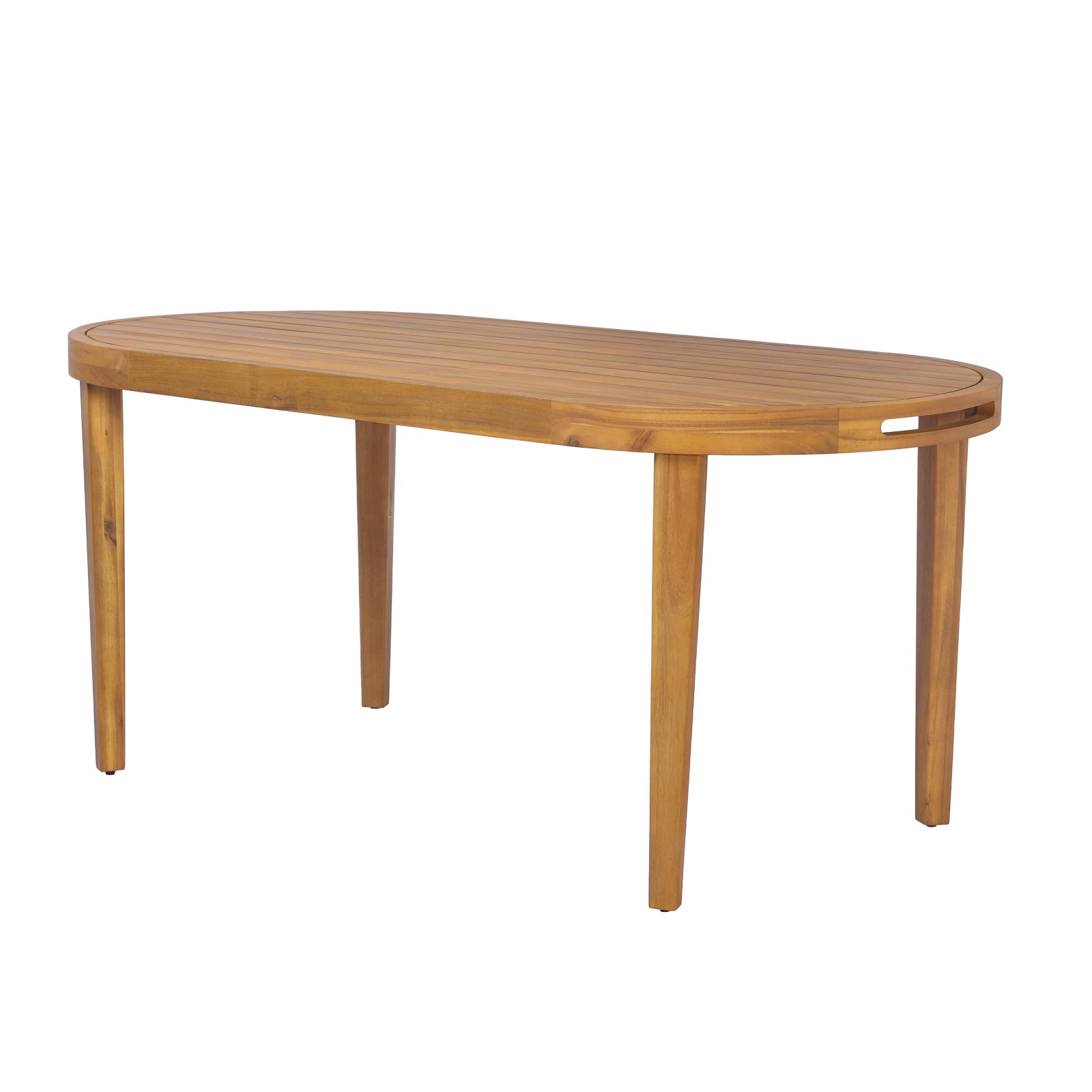 70″ Oval Acacia Wood Outdoor Dining Table with Slatted Top, Teak Finish