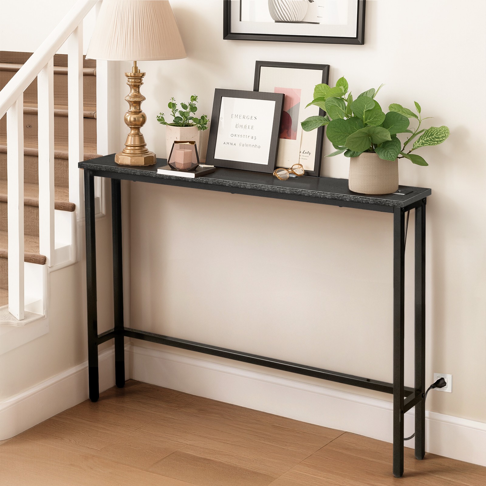 39.4″ Narrow Console Sofa Table with Power Outlets and USB Ports, Black