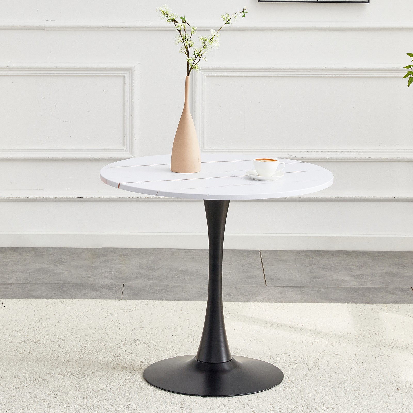 31.5″ Round Tulip Dining Table White MDF Top Metal Pedestal Base