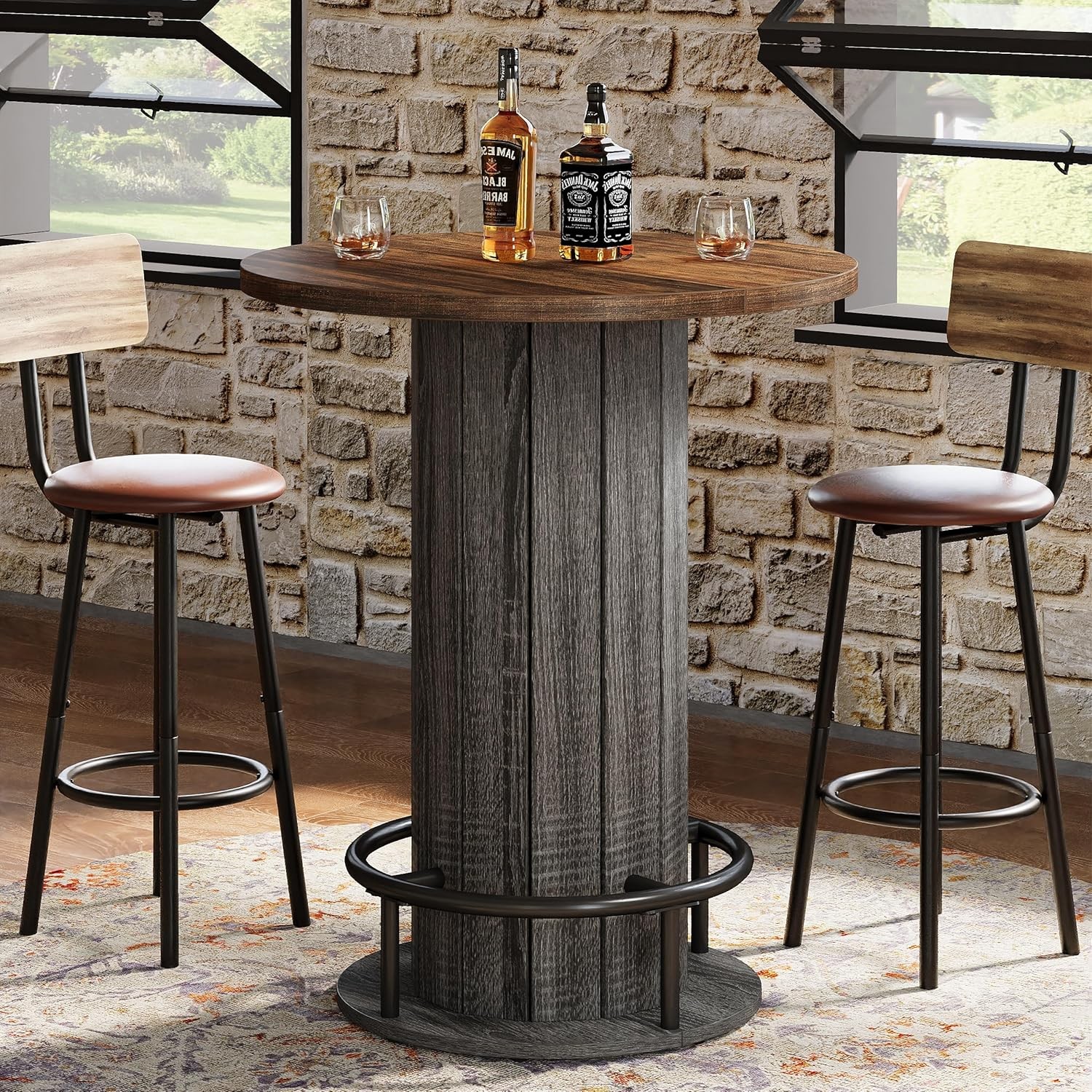 39.4” Round Bar Table, Farmhouse Pub Table with Metal Ring Footrest for Bistro