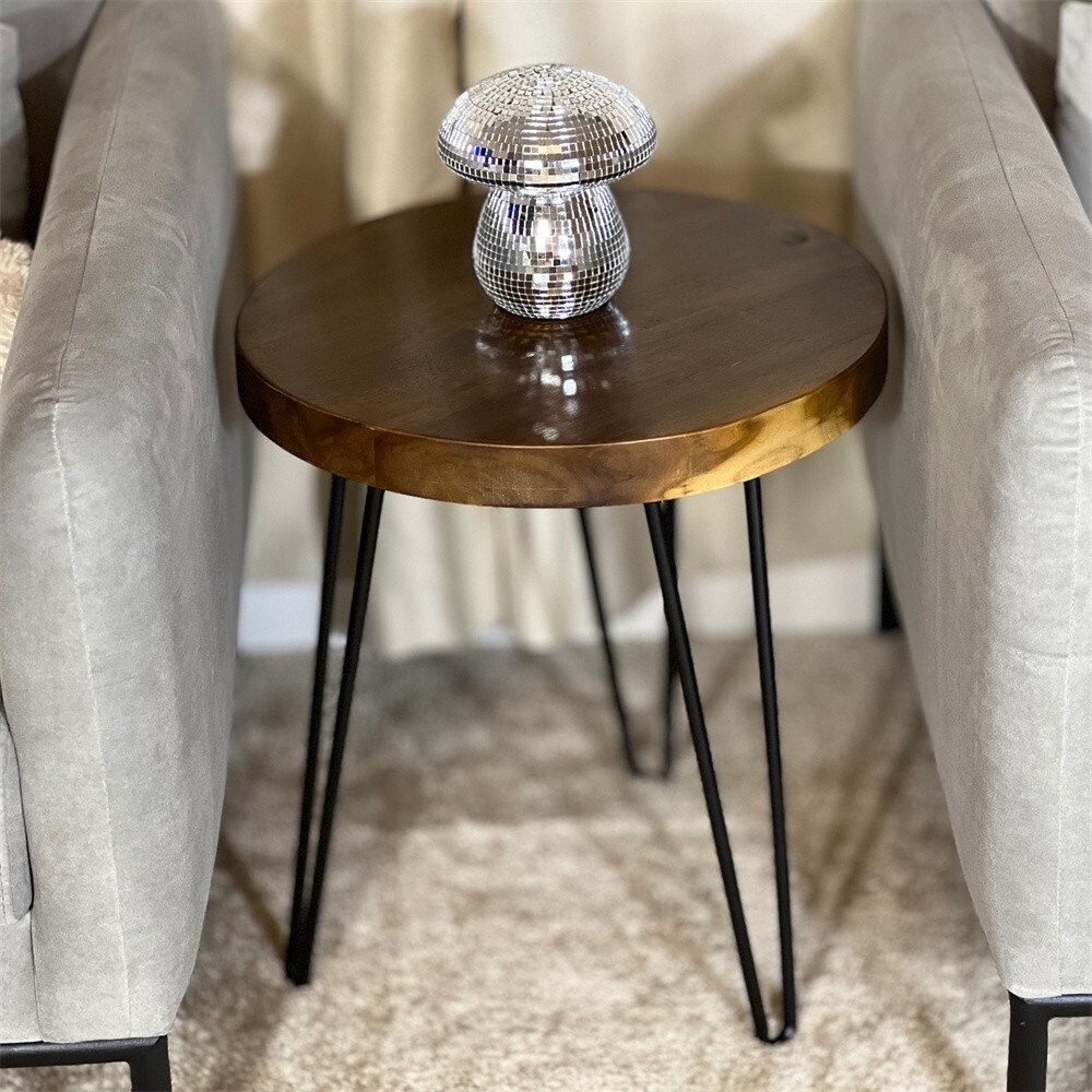 Natural Teak Wood Round End Side Table with Hairpin Legs 21″ H Home Decor