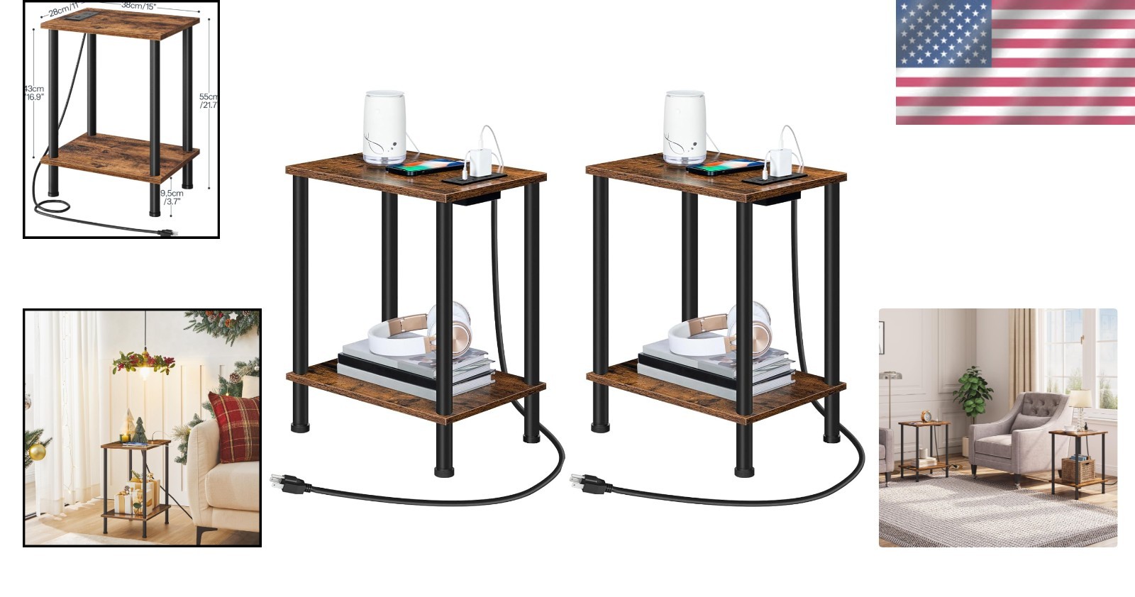 Compact End Tables with USB Ports & Storage Shelves – Rustic Design for Any Room