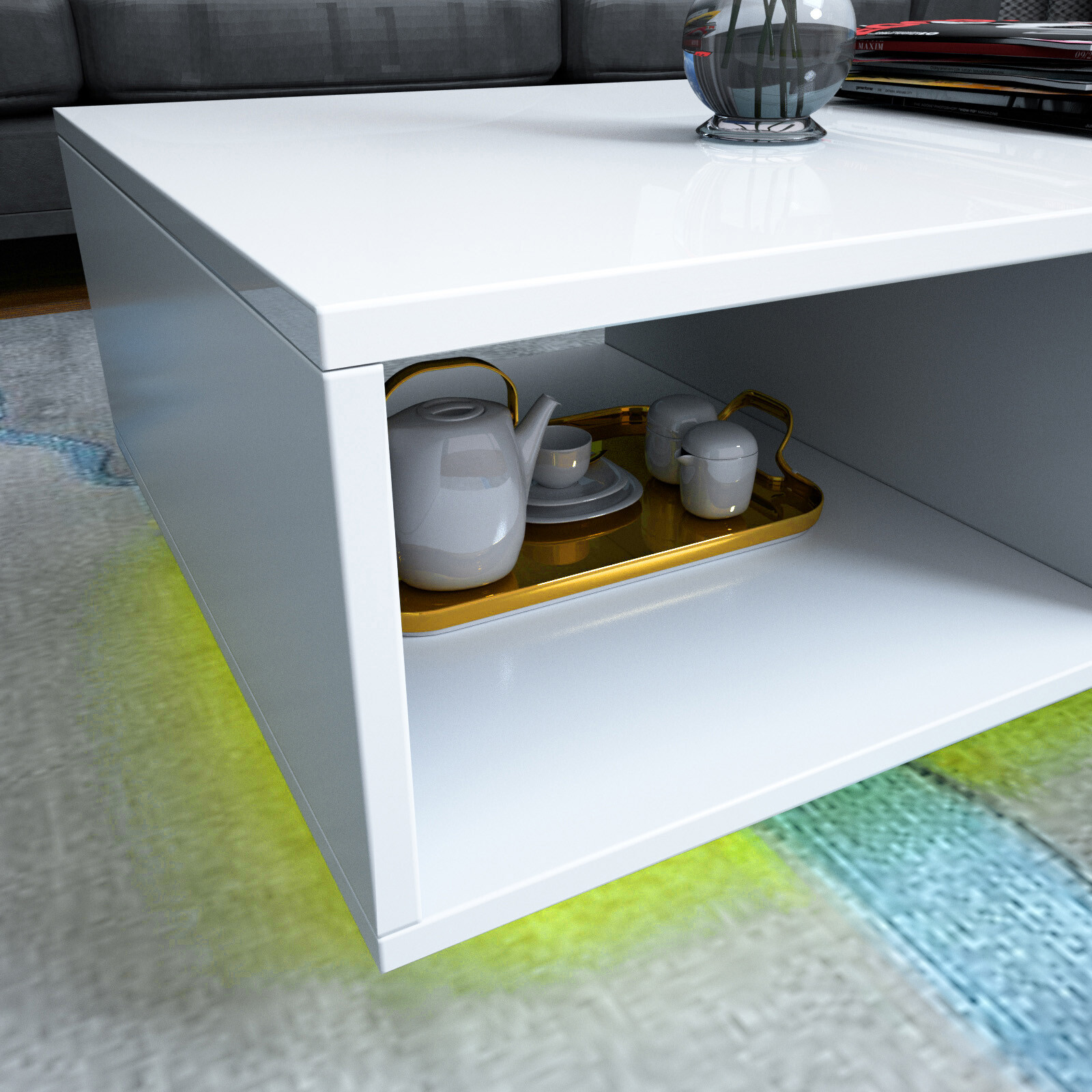 New Super Large 43″ High Gloss Side Coffee Table w/LED+Drawer Living Room White