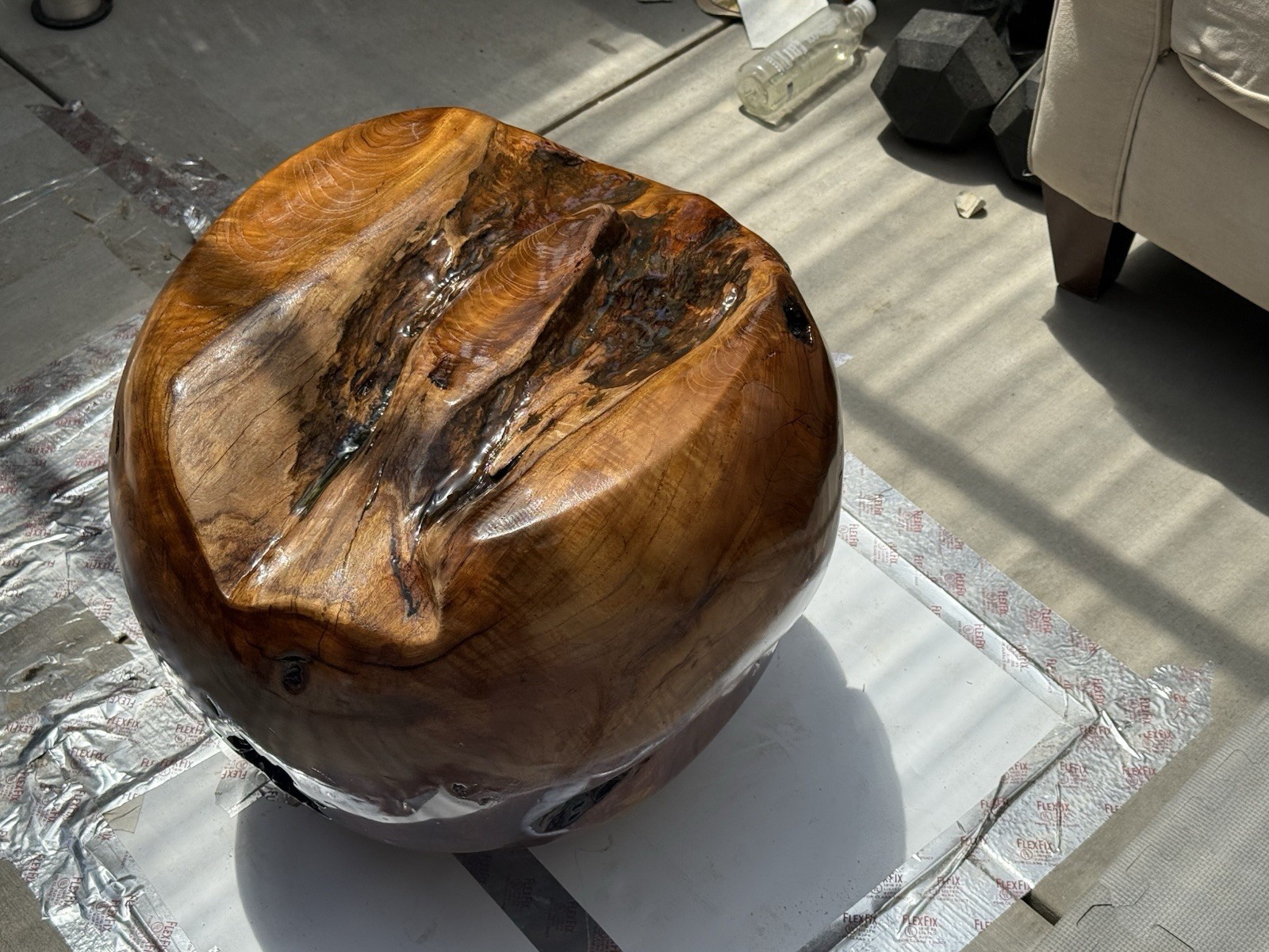 Teak Burl Epoxy Glass Top Side Table Handmade Floating Base Modern 22.5”H