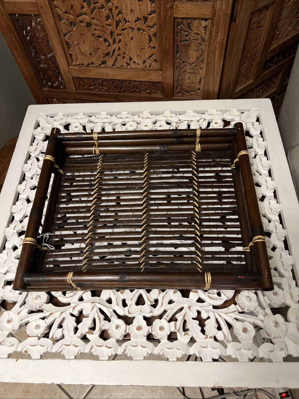 Primitive Dark Bamboo Tray Boho Rustic Accent Home Decor 13×16